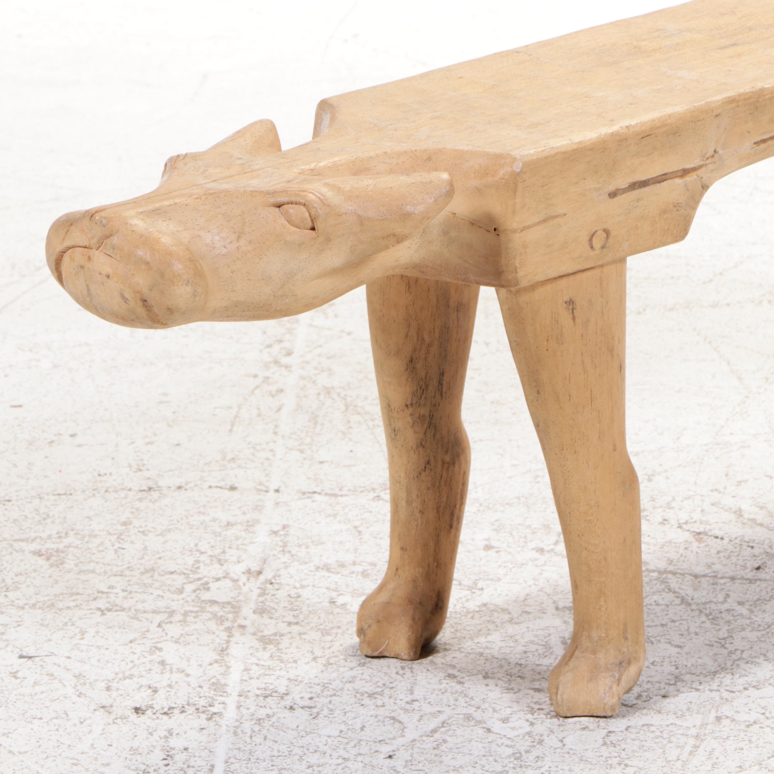 Folk Art Cat-Form Carved Blonde Wood Bench
