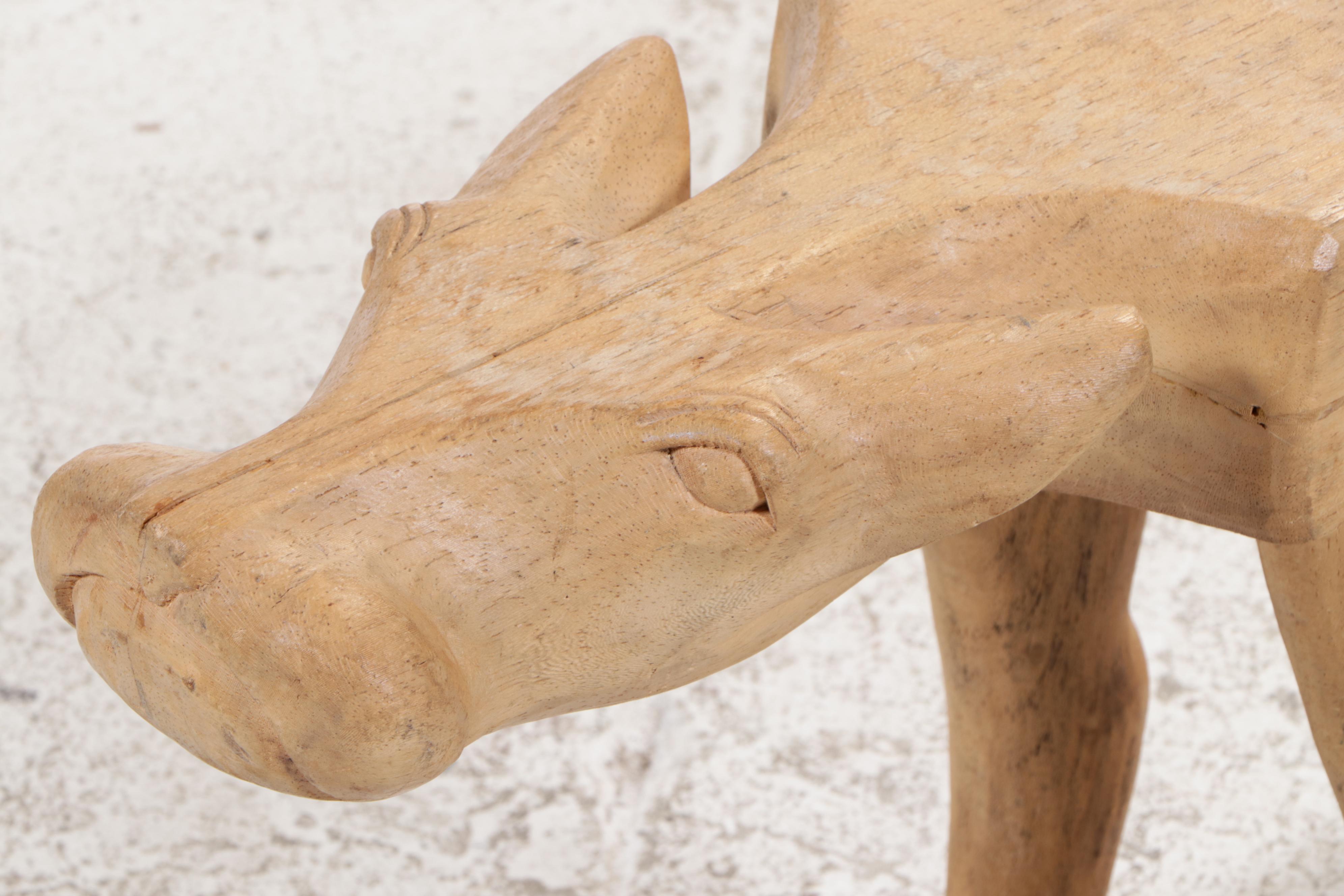 Folk Art Cat-Form Carved Blonde Wood Bench