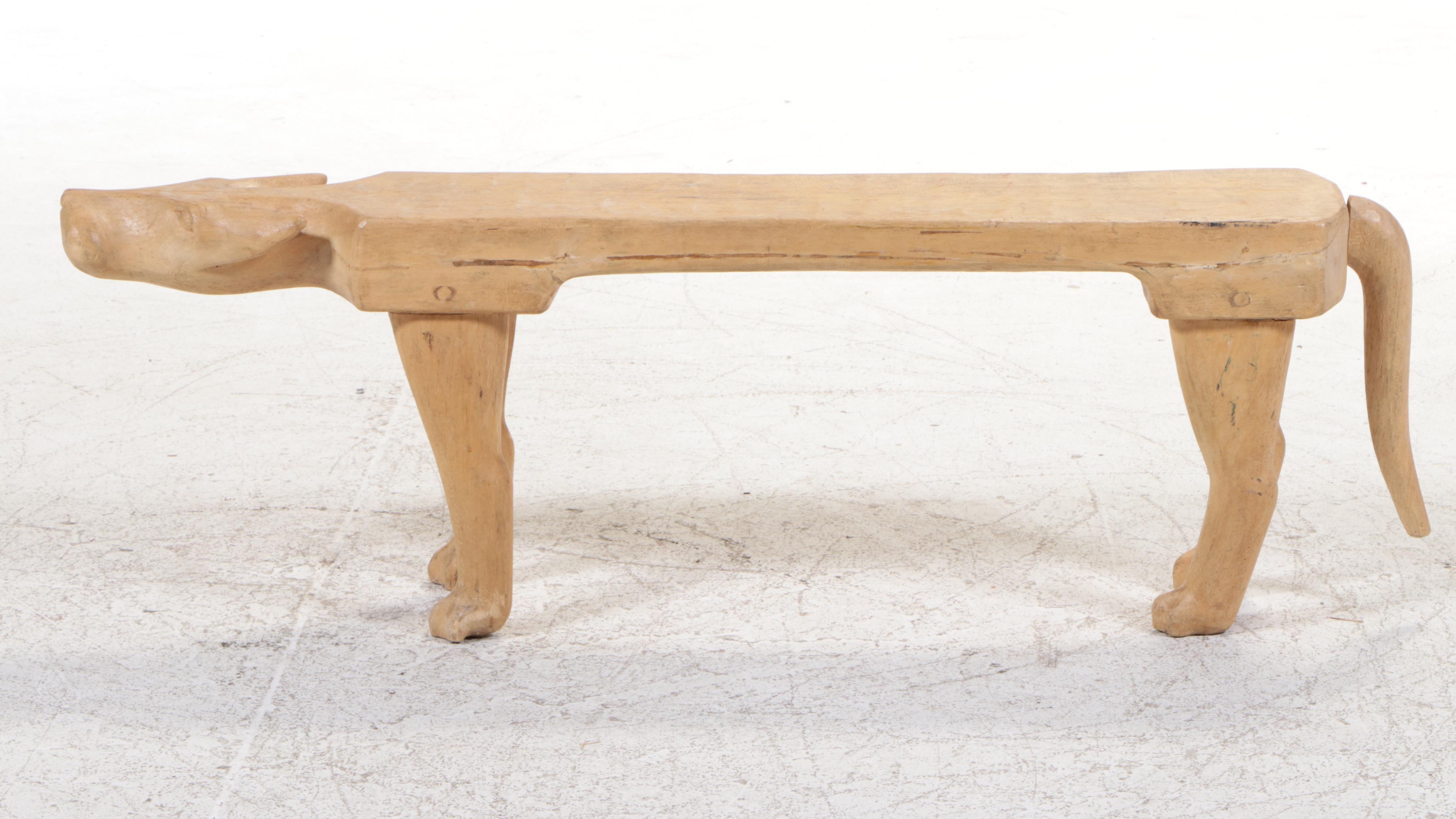 Folk Art Cat-Form Carved Blonde Wood Bench