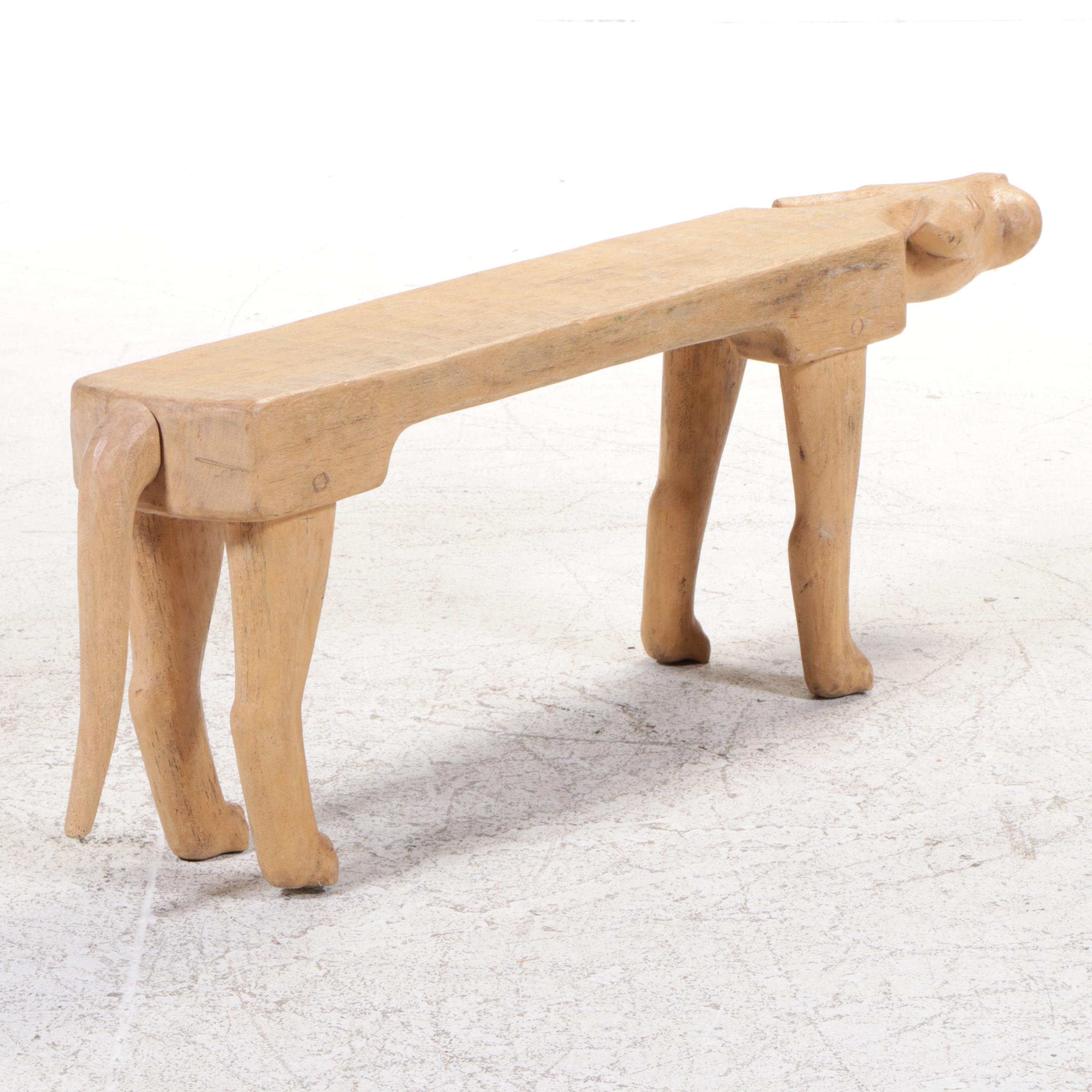 Folk Art Cat-Form Carved Blonde Wood Bench
