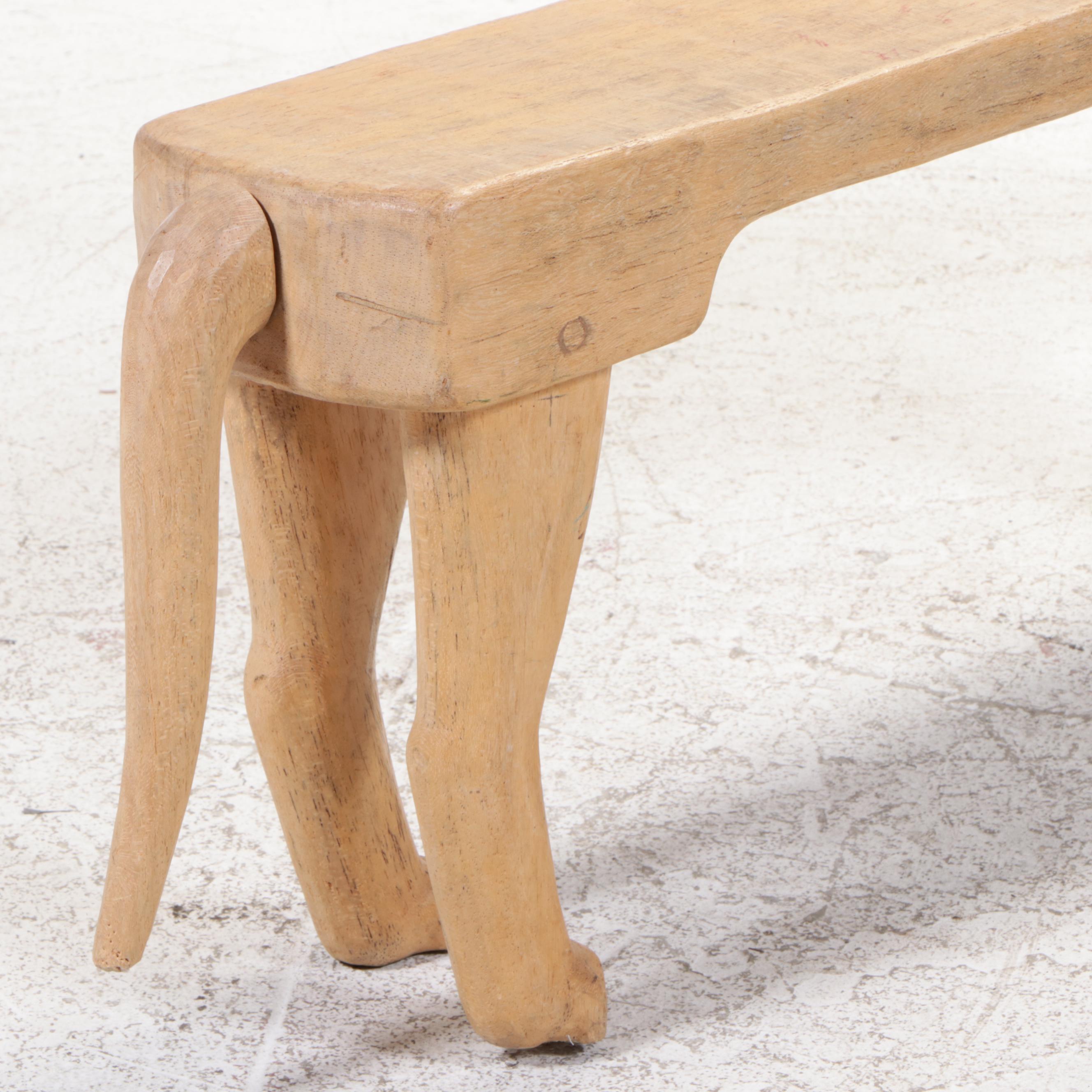 Folk Art Cat-Form Carved Blonde Wood Bench