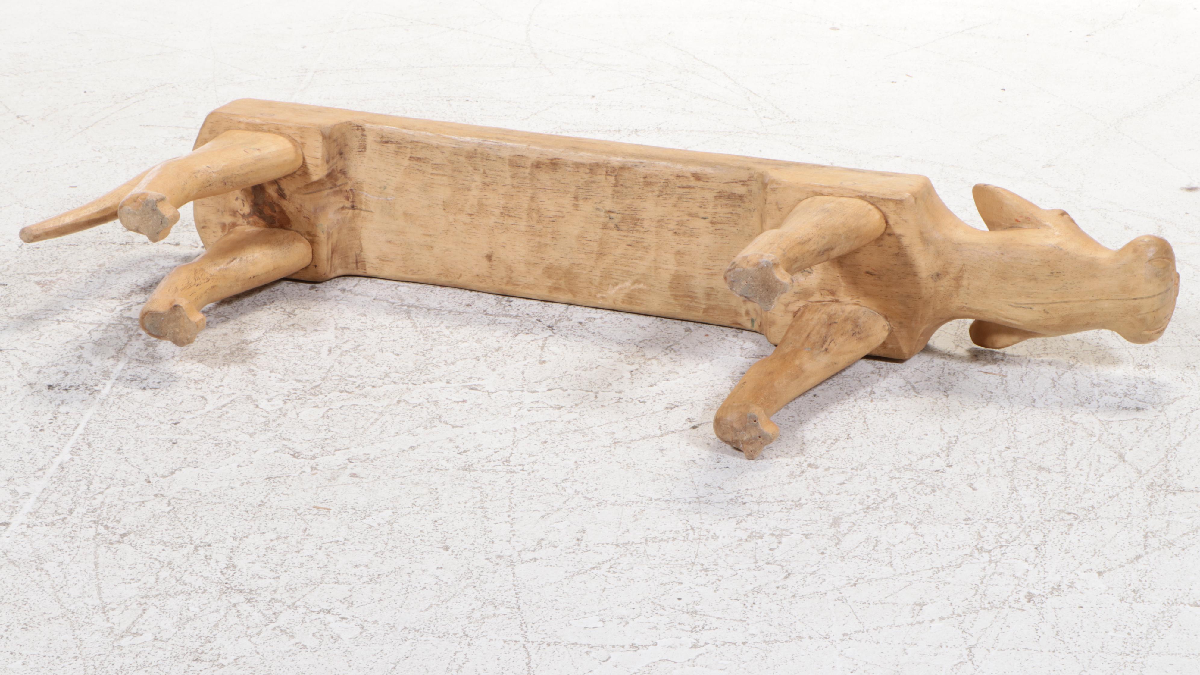 Folk Art Cat-Form Carved Blonde Wood Bench