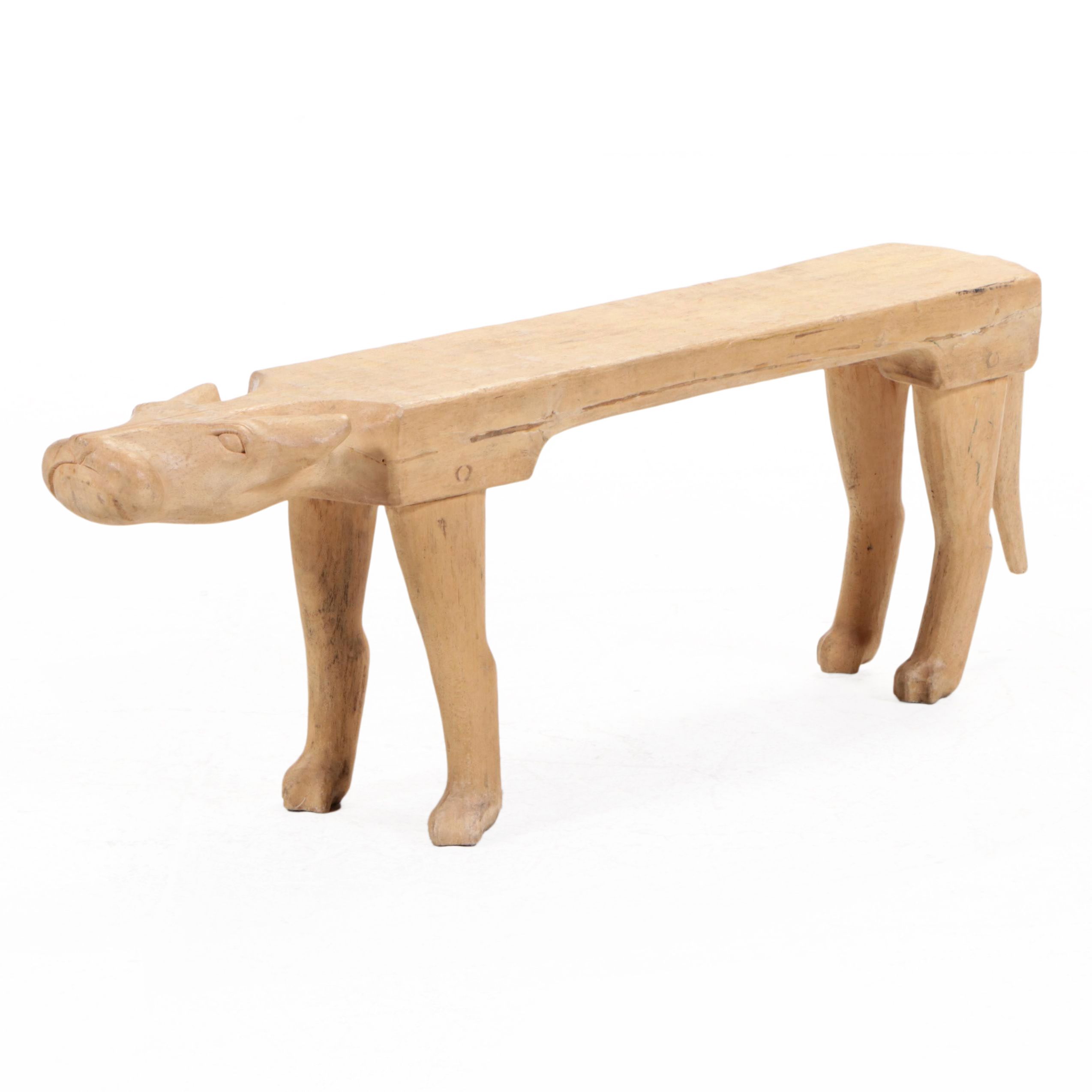 Folk Art Cat-Form Carved Blonde Wood Bench