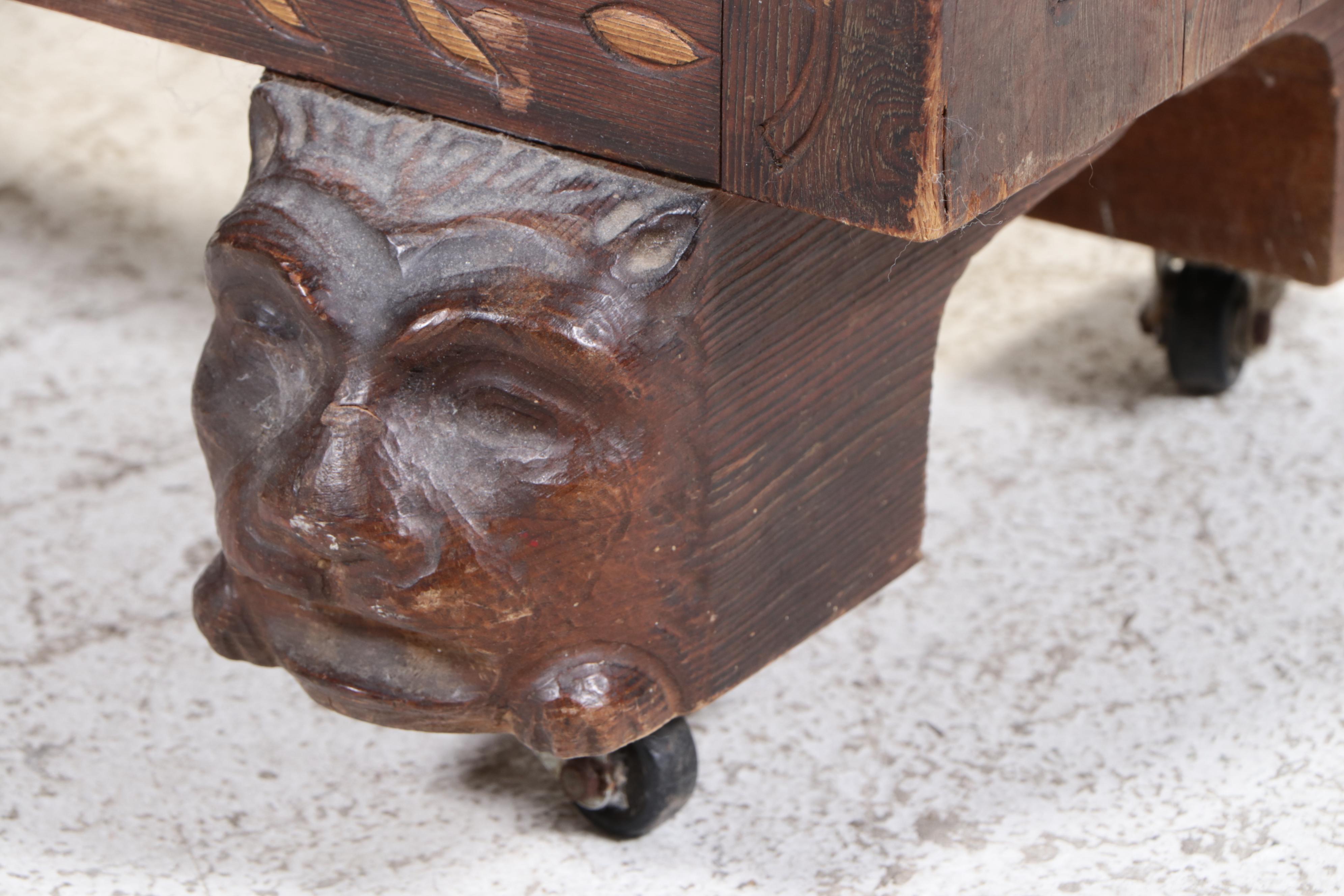 Folk Art Zodiac-Carved and Polychromed Gable Top Box on Casters