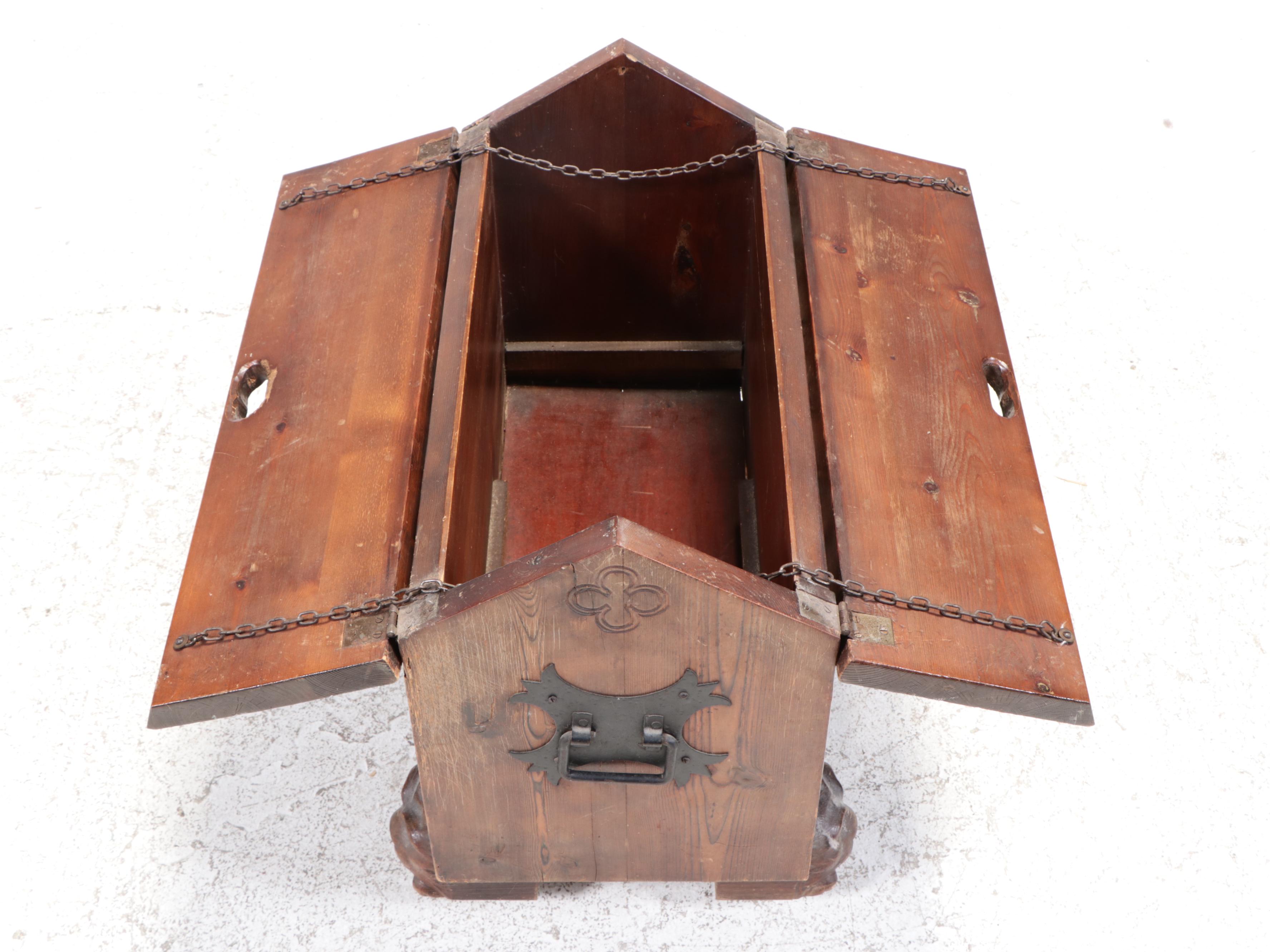 Folk Art Zodiac-Carved and Polychromed Gable Top Box on Casters