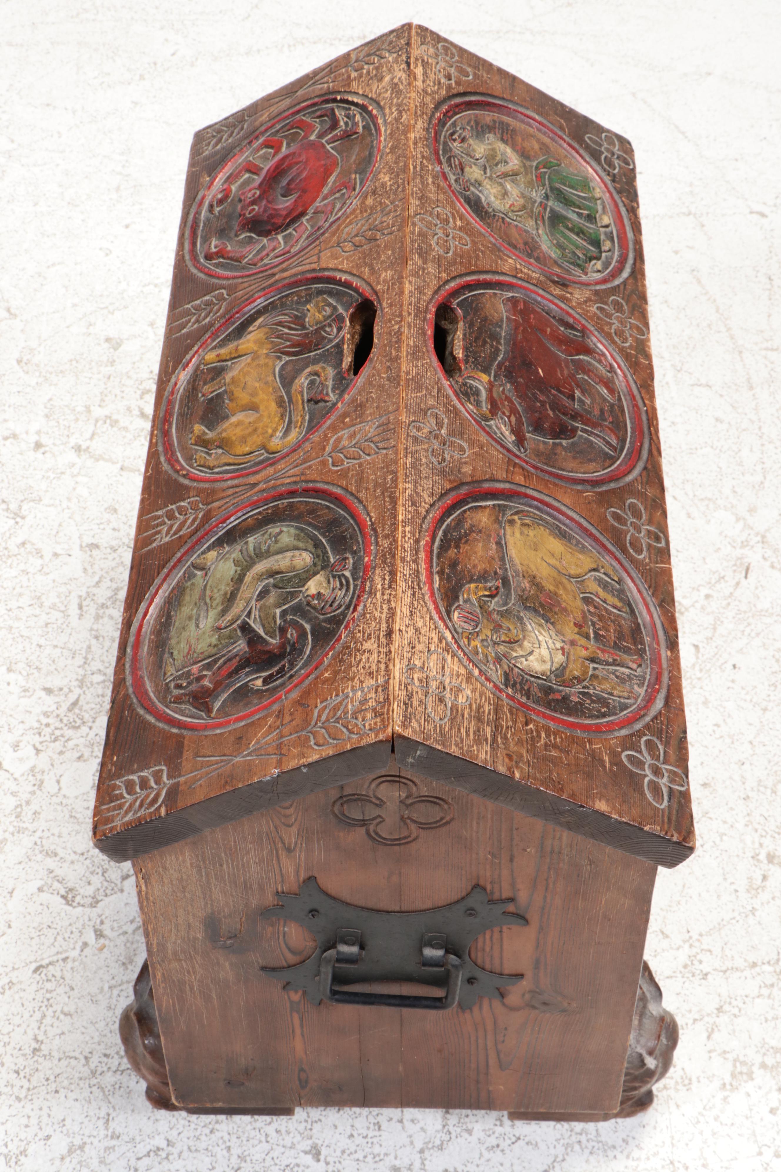 Folk Art Zodiac-Carved and Polychromed Gable Top Box on Casters