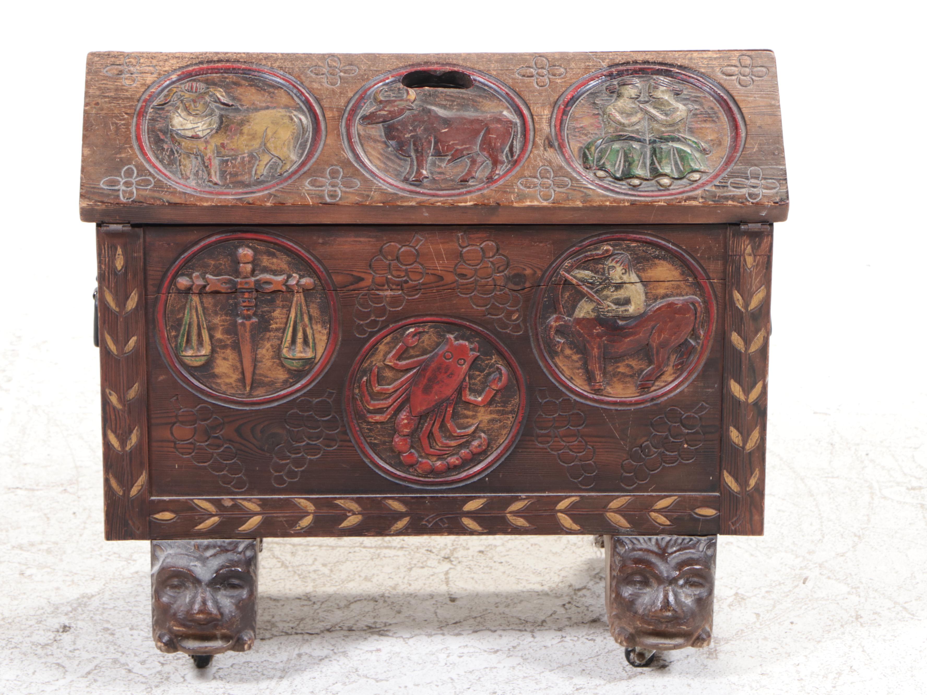 Folk Art Zodiac-Carved and Polychromed Gable Top Box on Casters