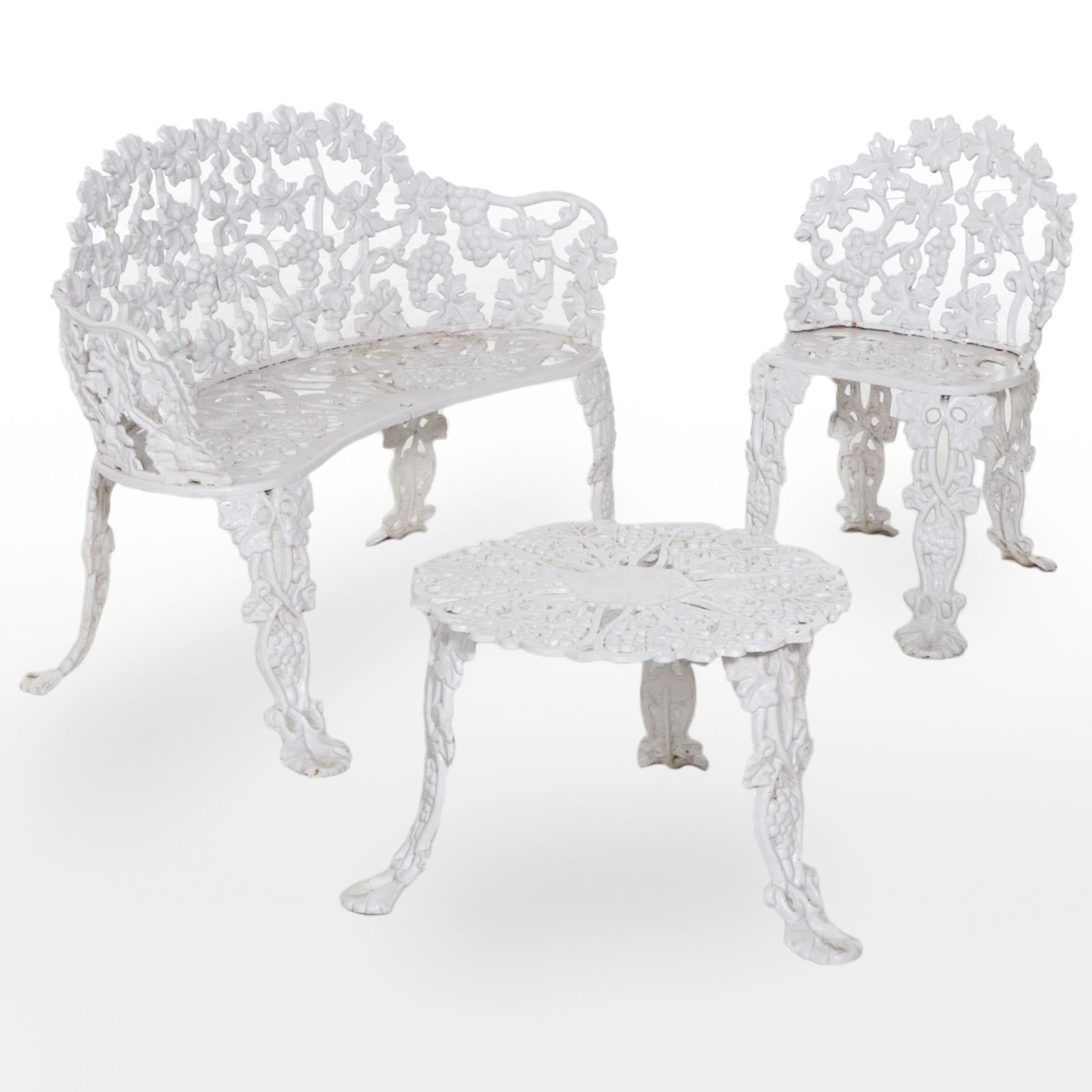 Victorian Style White Painted Cast Iron Patio Bench, Chair, and Accent Table