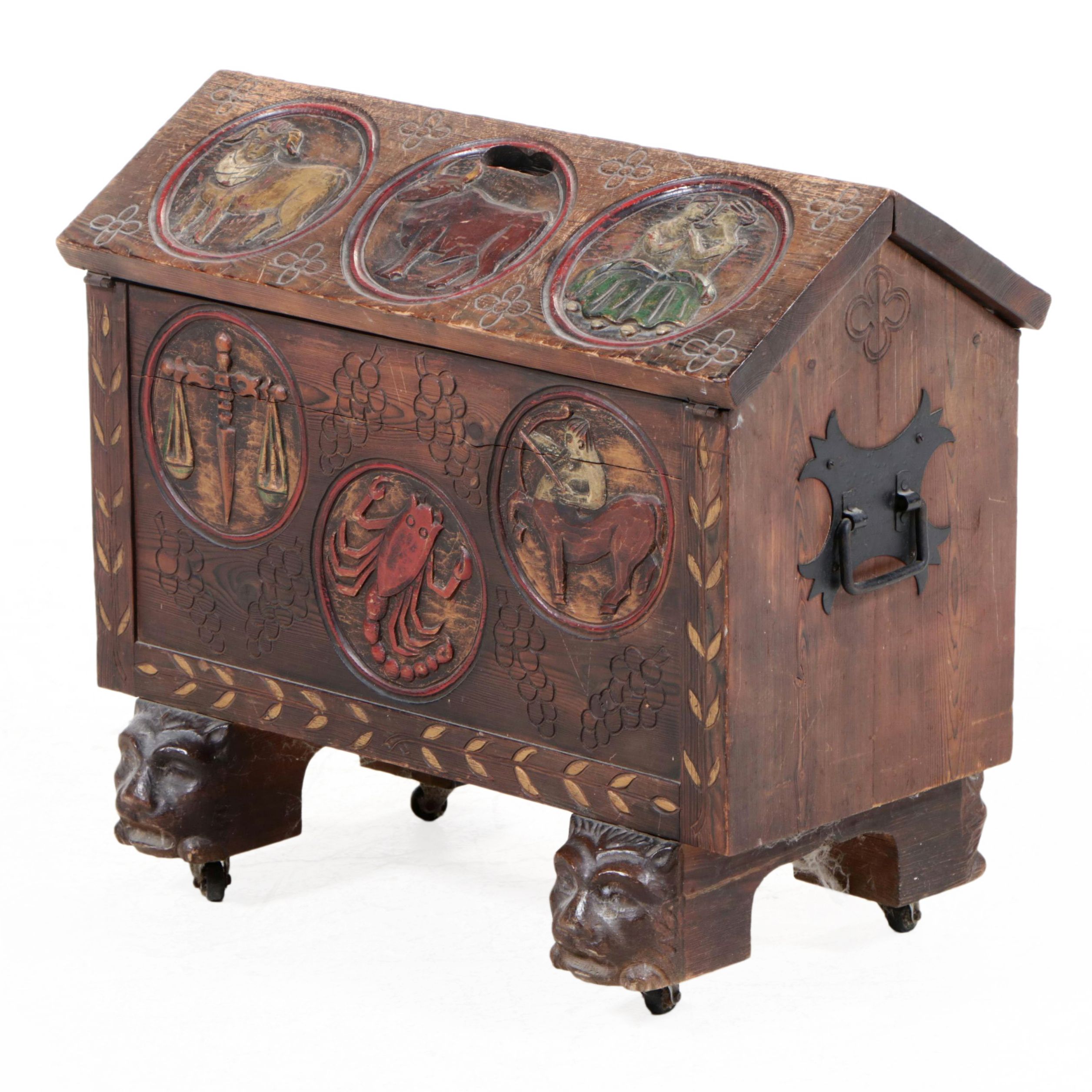 Folk Art Zodiac-Carved and Polychromed Gable Top Box on Casters