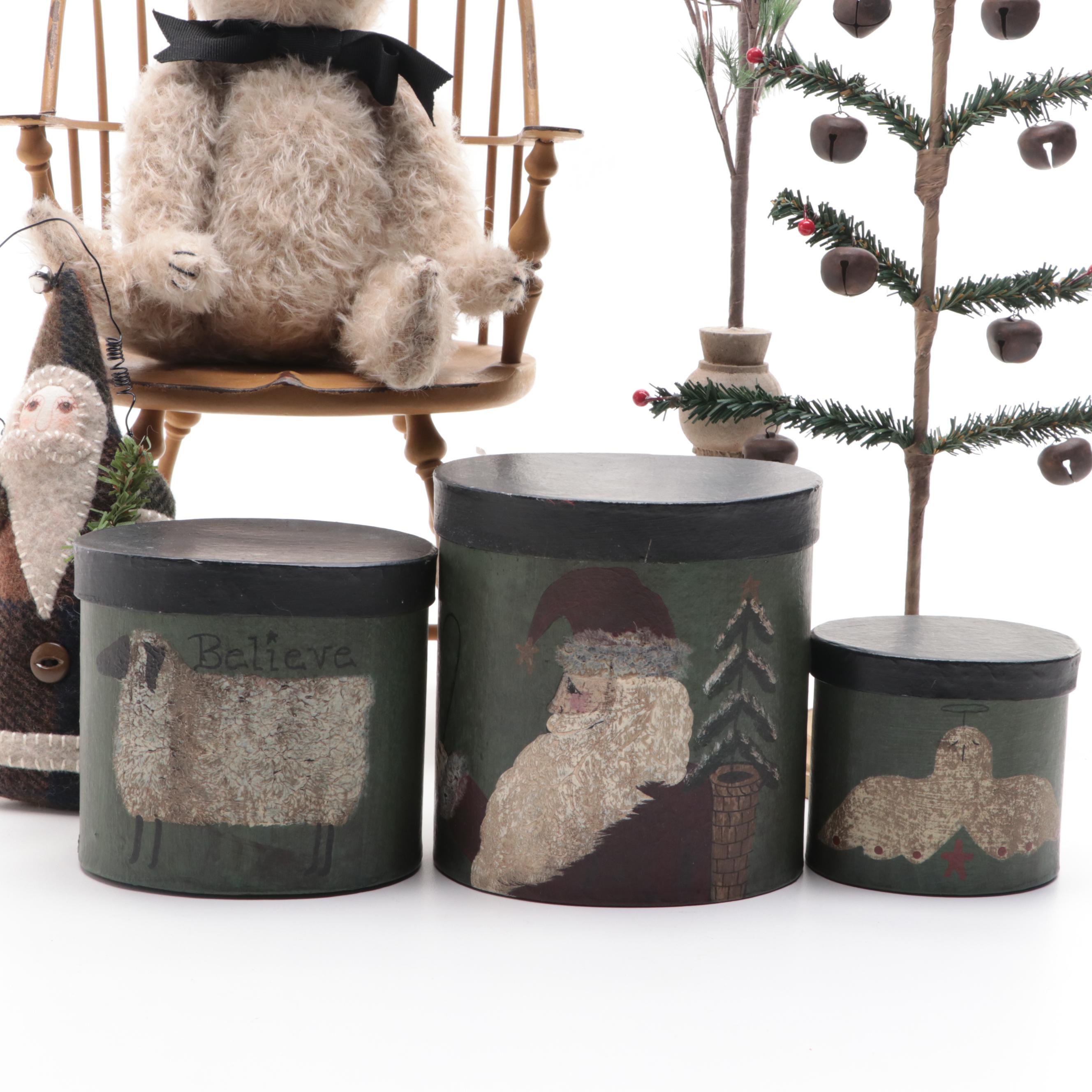 Country Christmas Décor Collection with Teddy Bear in Windsor Chair
