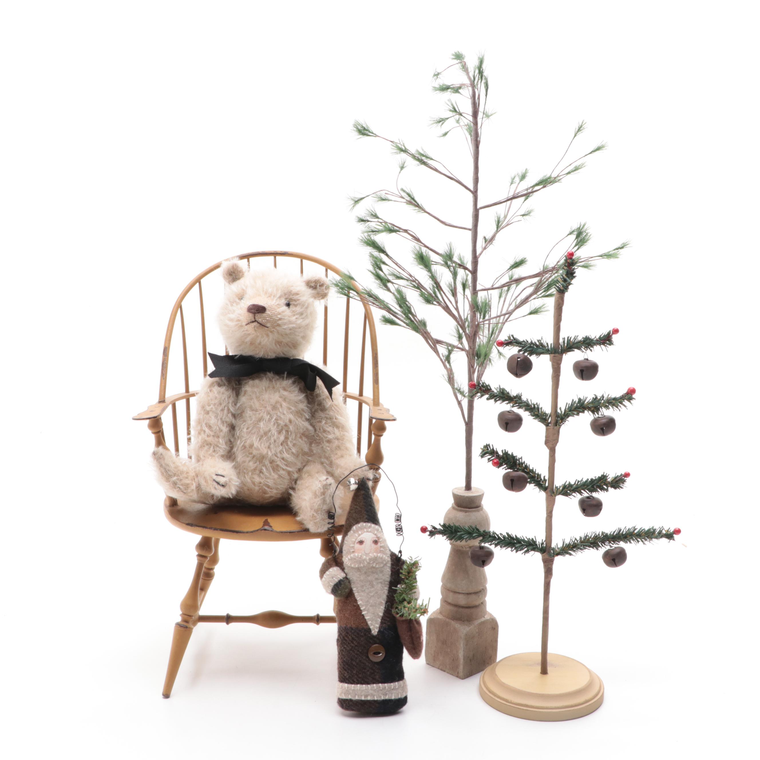 Country Christmas Décor Collection with Teddy Bear in Windsor Chair