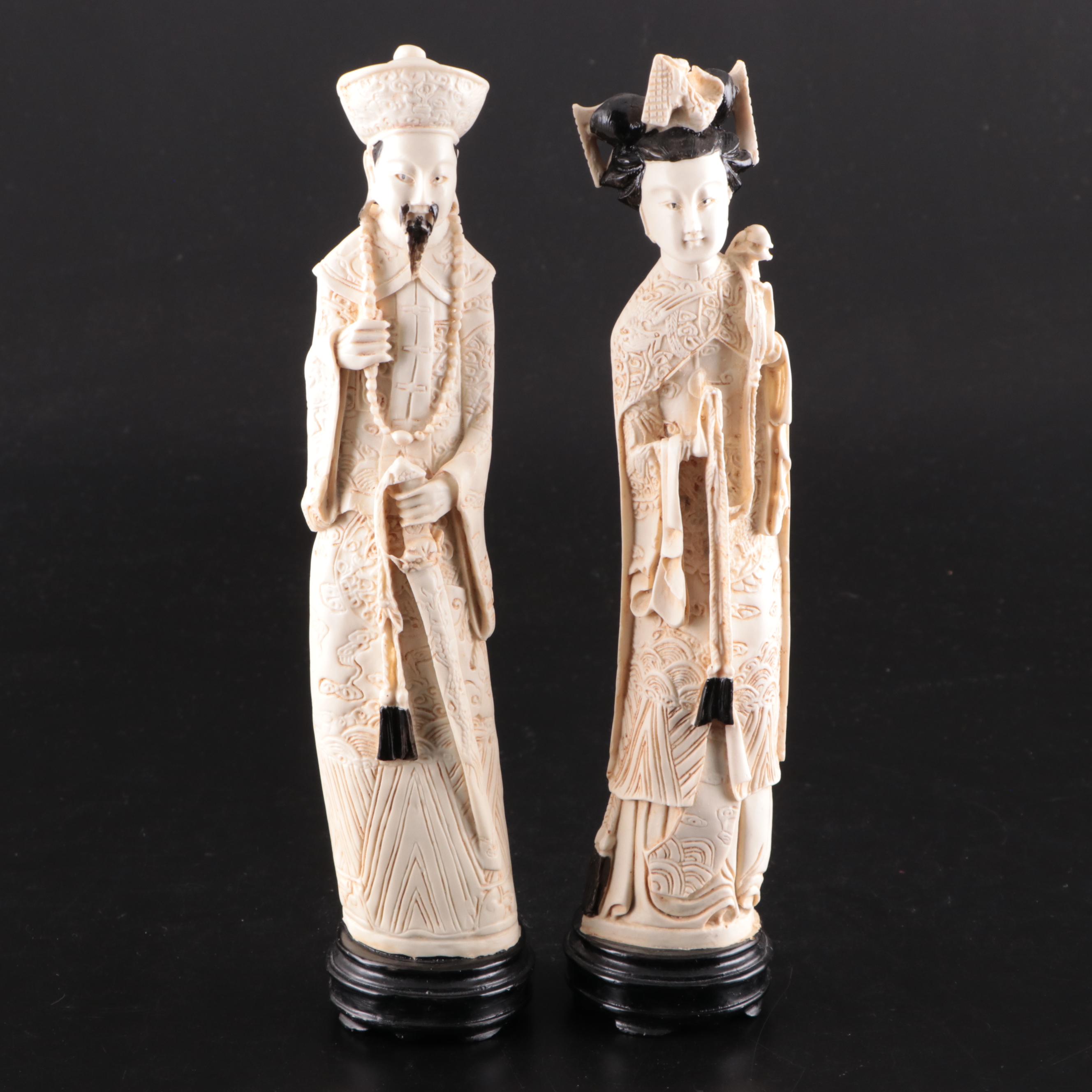 Chinese Carved Resin Emperor and Empress Figurines
