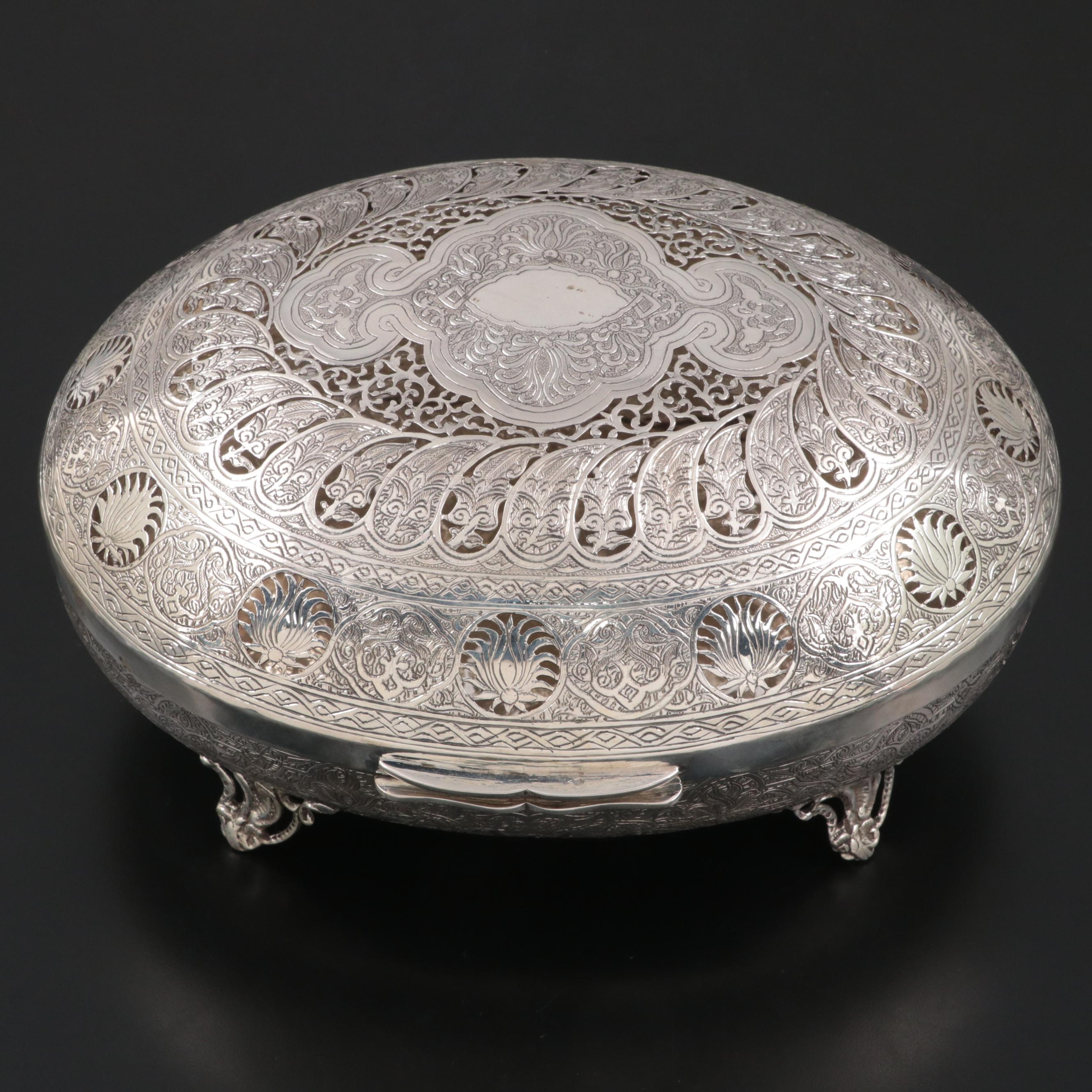 Egyptian 900 Silver Filigree Potpourri Box with Presentational Case