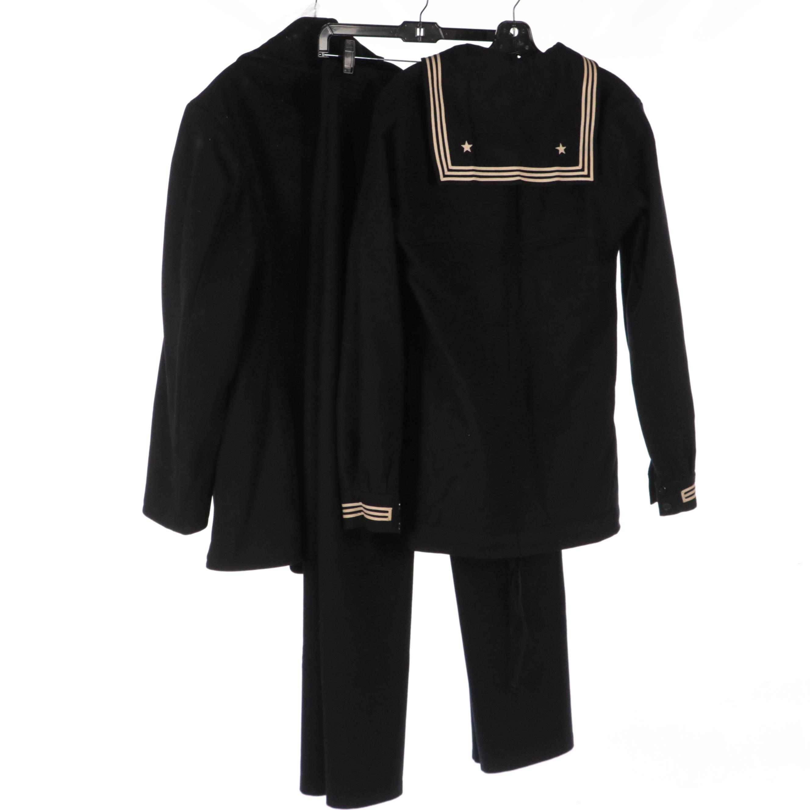 WWII Era US Navy Men's Dress Blue Service Uniform, Peacoat, and Caps