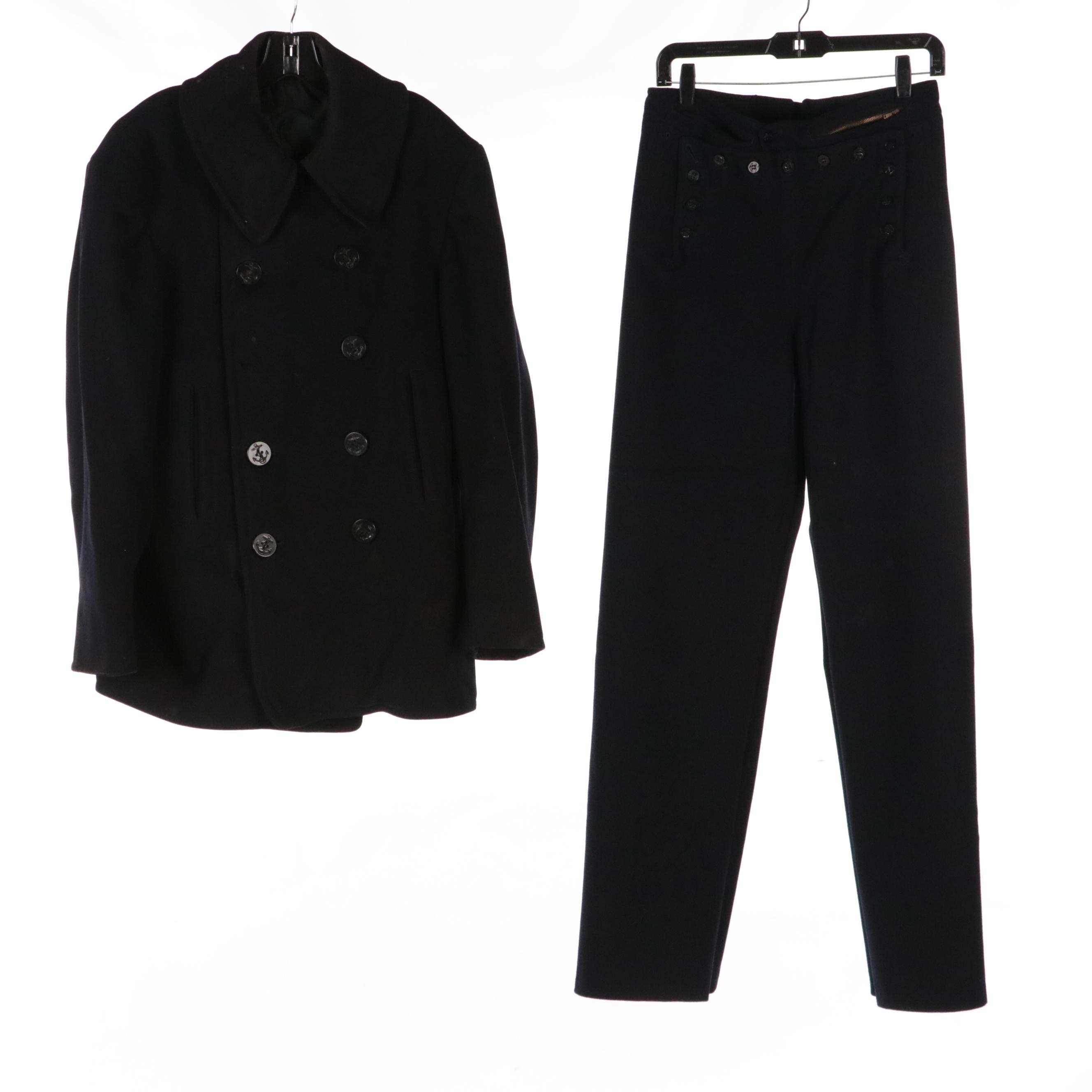 WWII Era US Navy Men's Dress Blue Service Uniform, Peacoat, and Caps