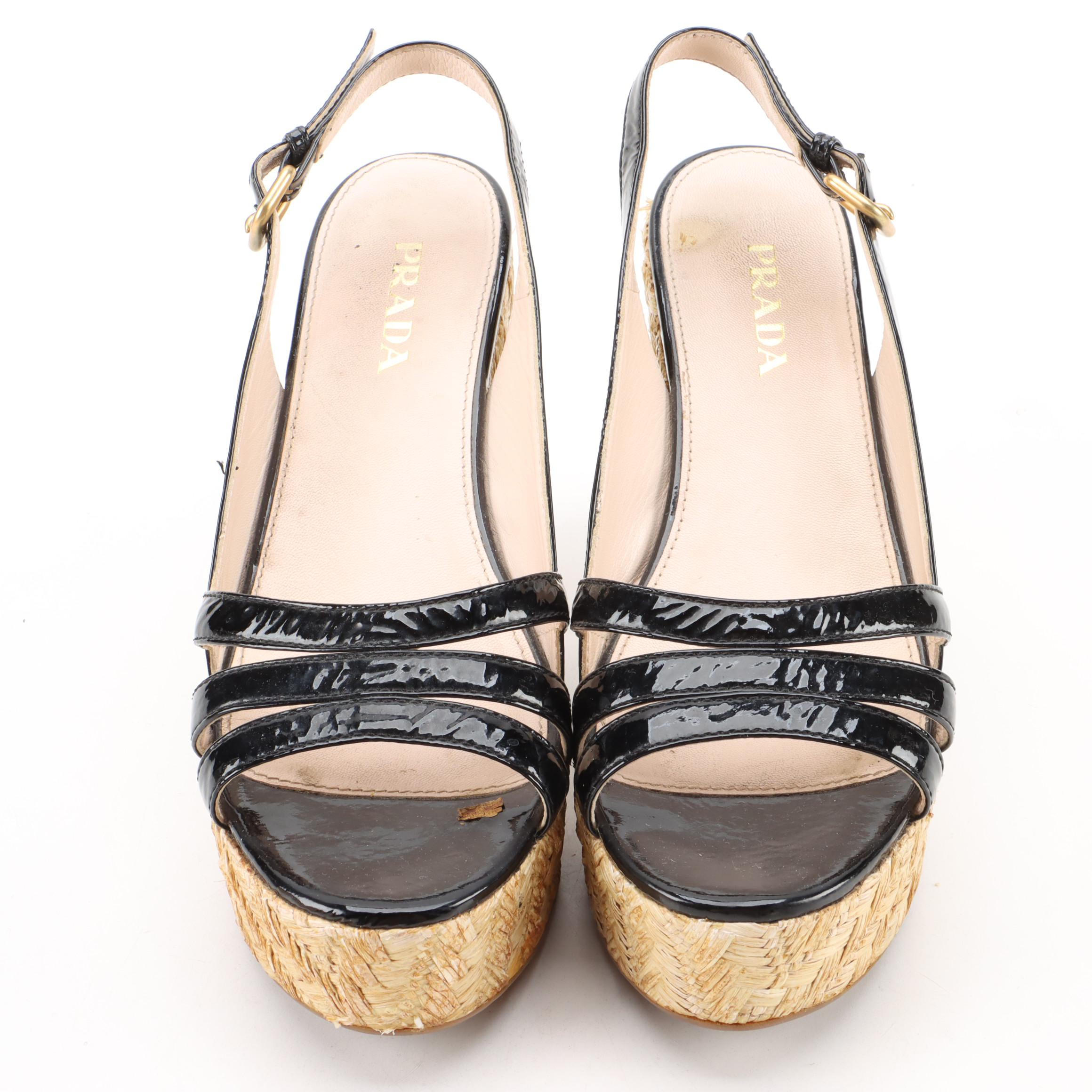 Prada Platform Espadrille Heeled Sandals in Black Patent Leather and Woven Straw