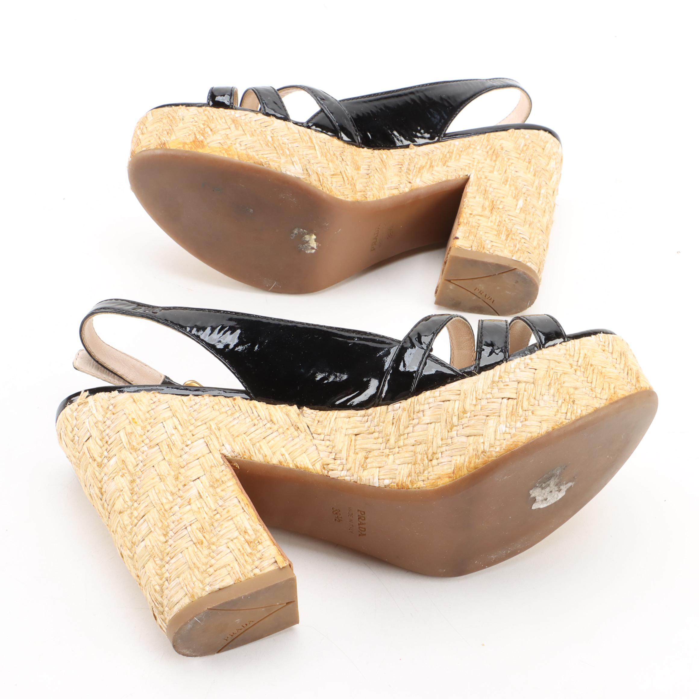 Prada Platform Espadrille Heeled Sandals in Black Patent Leather and Woven Straw