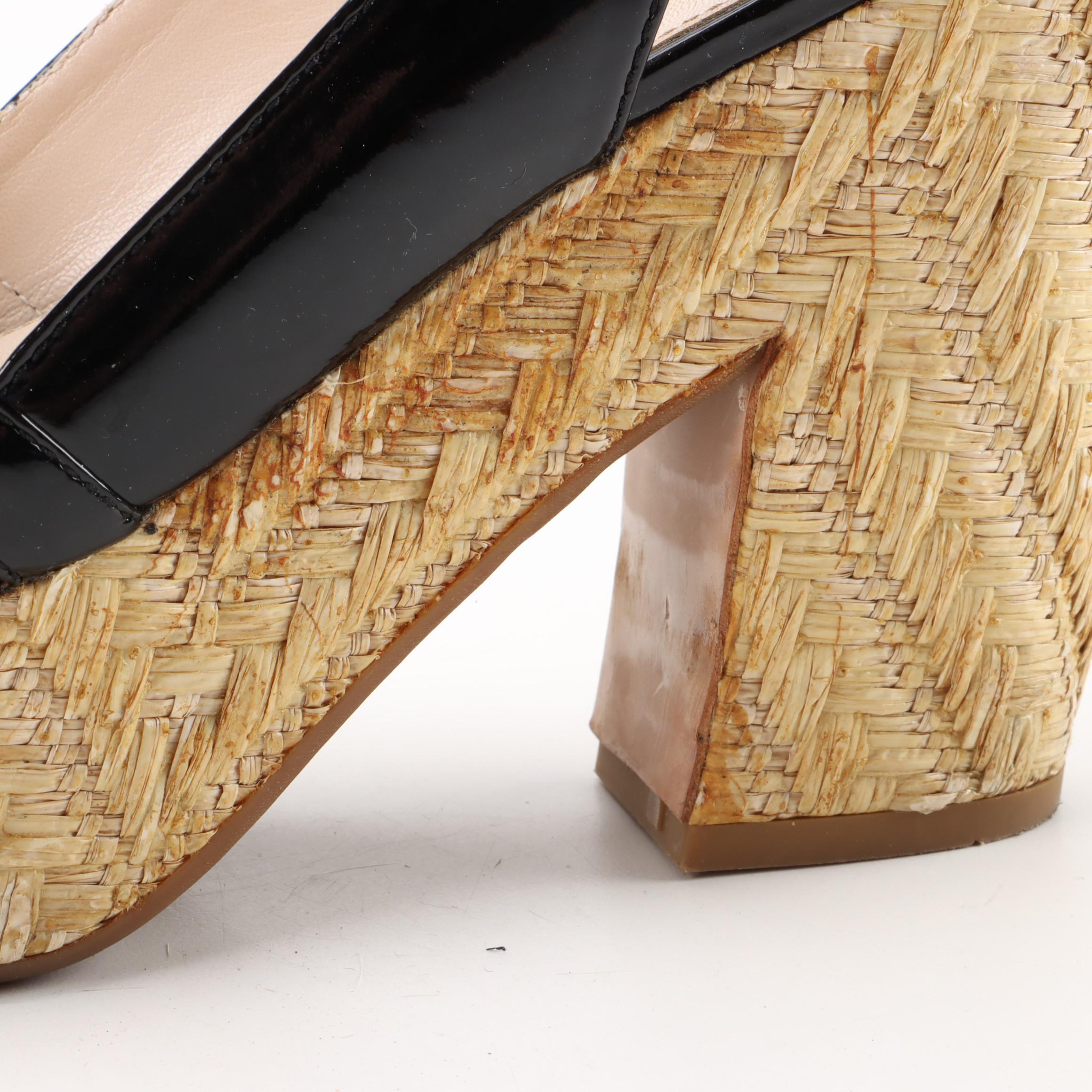 Prada Platform Espadrille Heeled Sandals in Black Patent Leather and Woven Straw