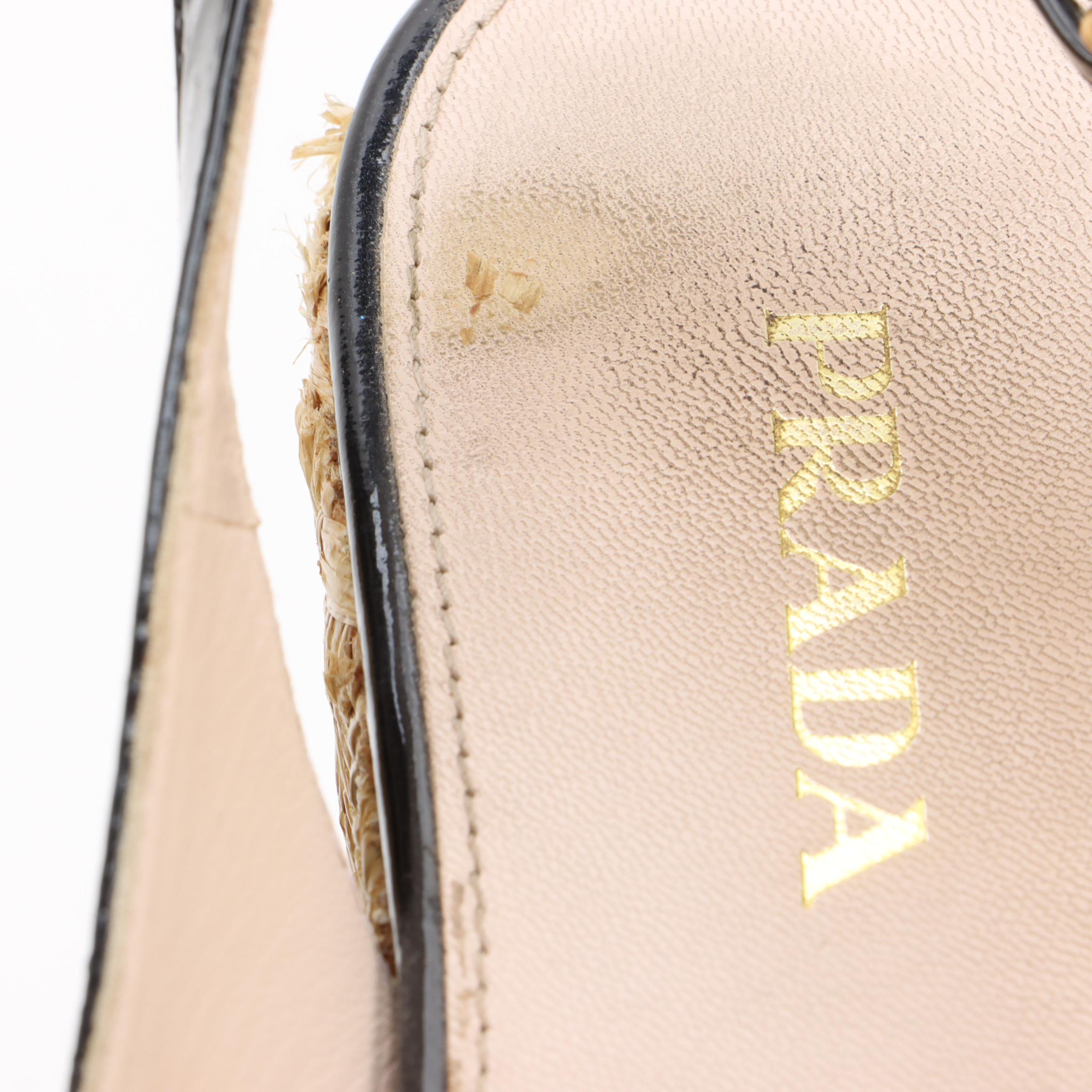 Prada Platform Espadrille Heeled Sandals in Black Patent Leather and Woven Straw