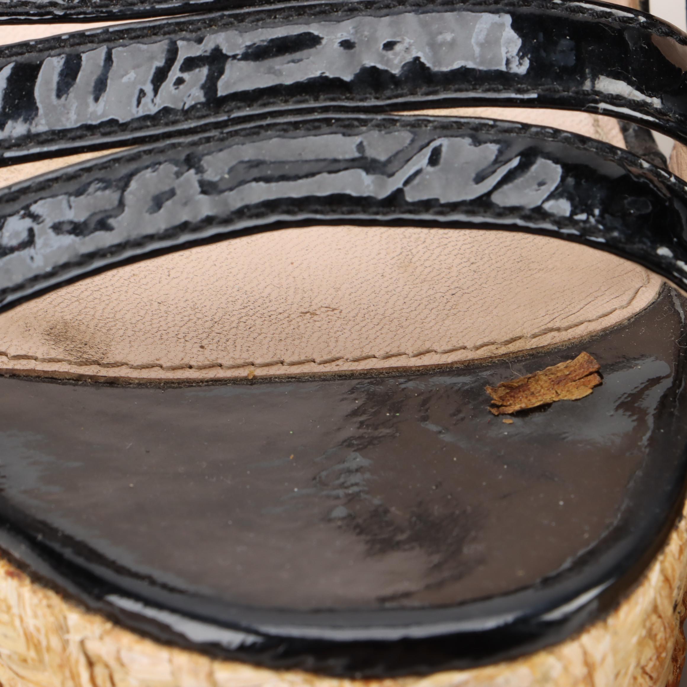 Prada Platform Espadrille Heeled Sandals in Black Patent Leather and Woven Straw