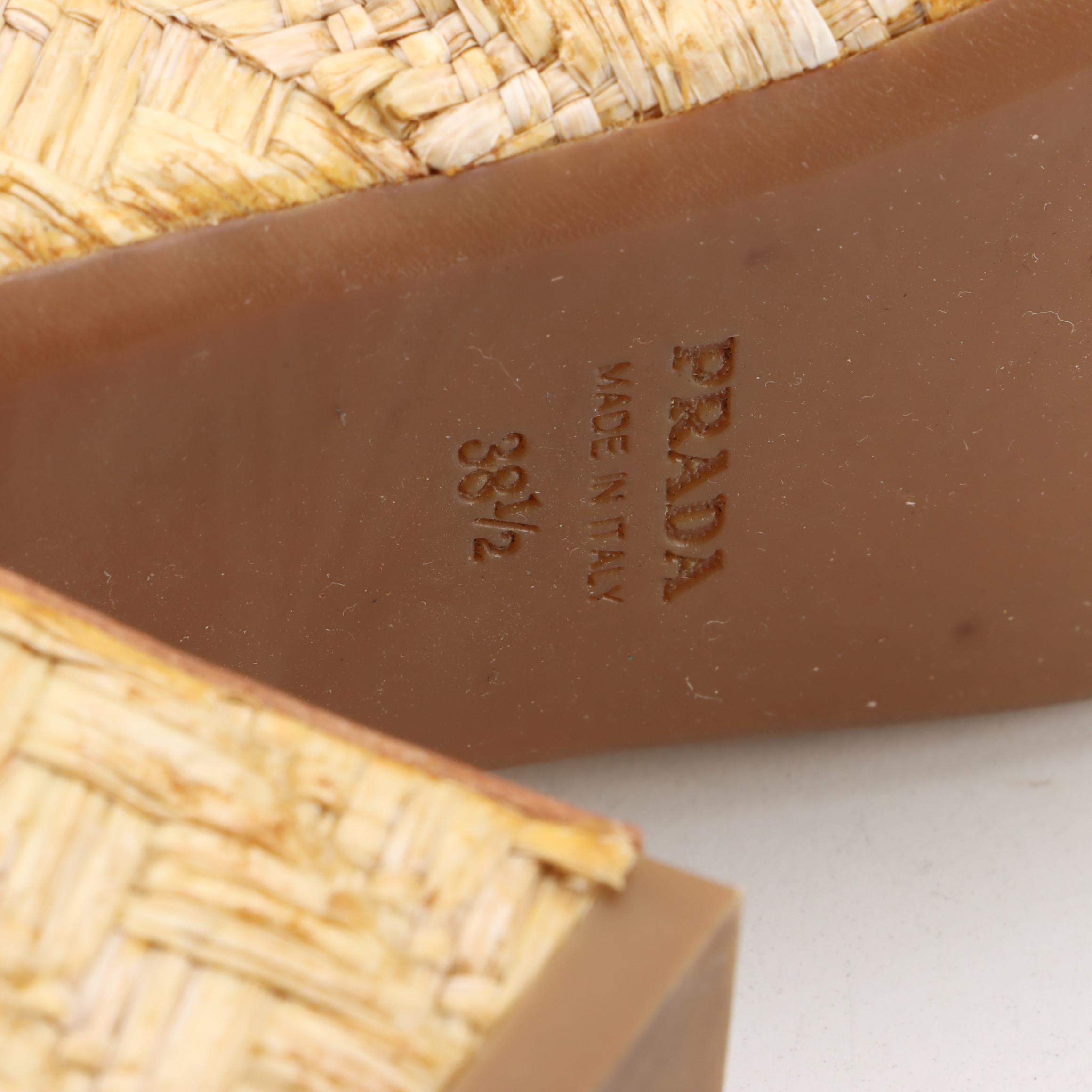 Prada Platform Espadrille Heeled Sandals in Black Patent Leather and Woven Straw