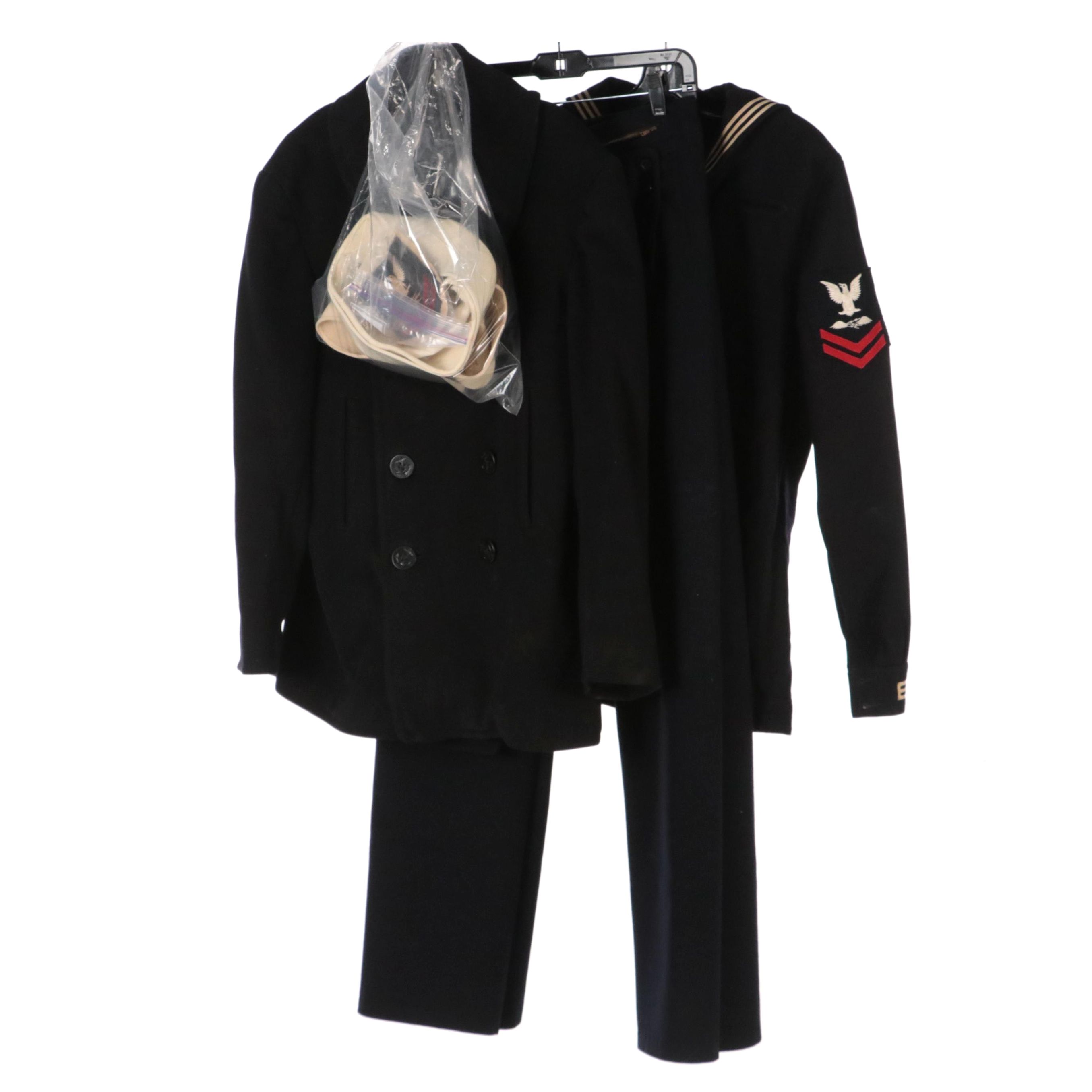 WWII Era US Navy Men's Dress Blue Service Uniform, Peacoat, and Caps