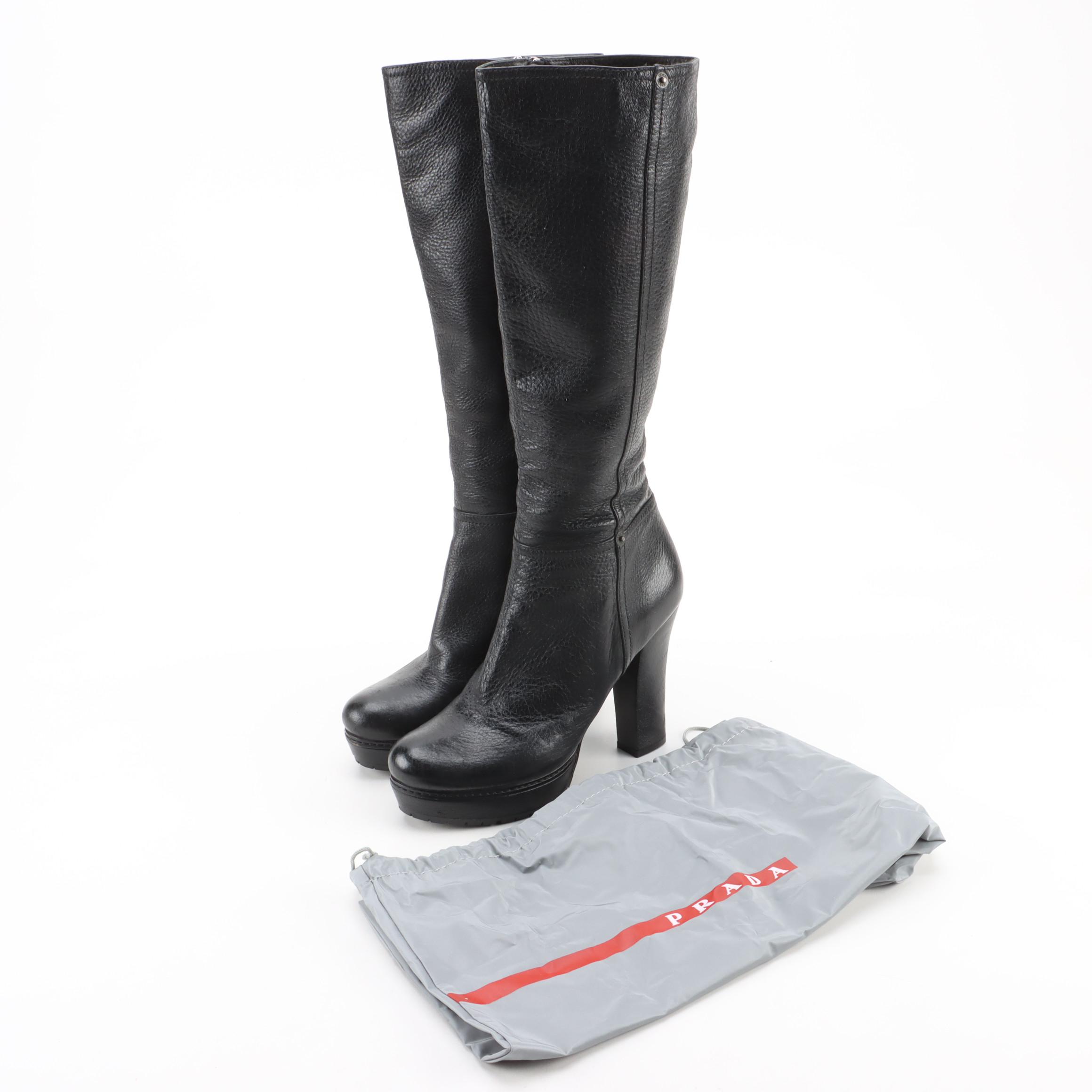 Prada Knee-High Heeled Boots in Black Grained Leather