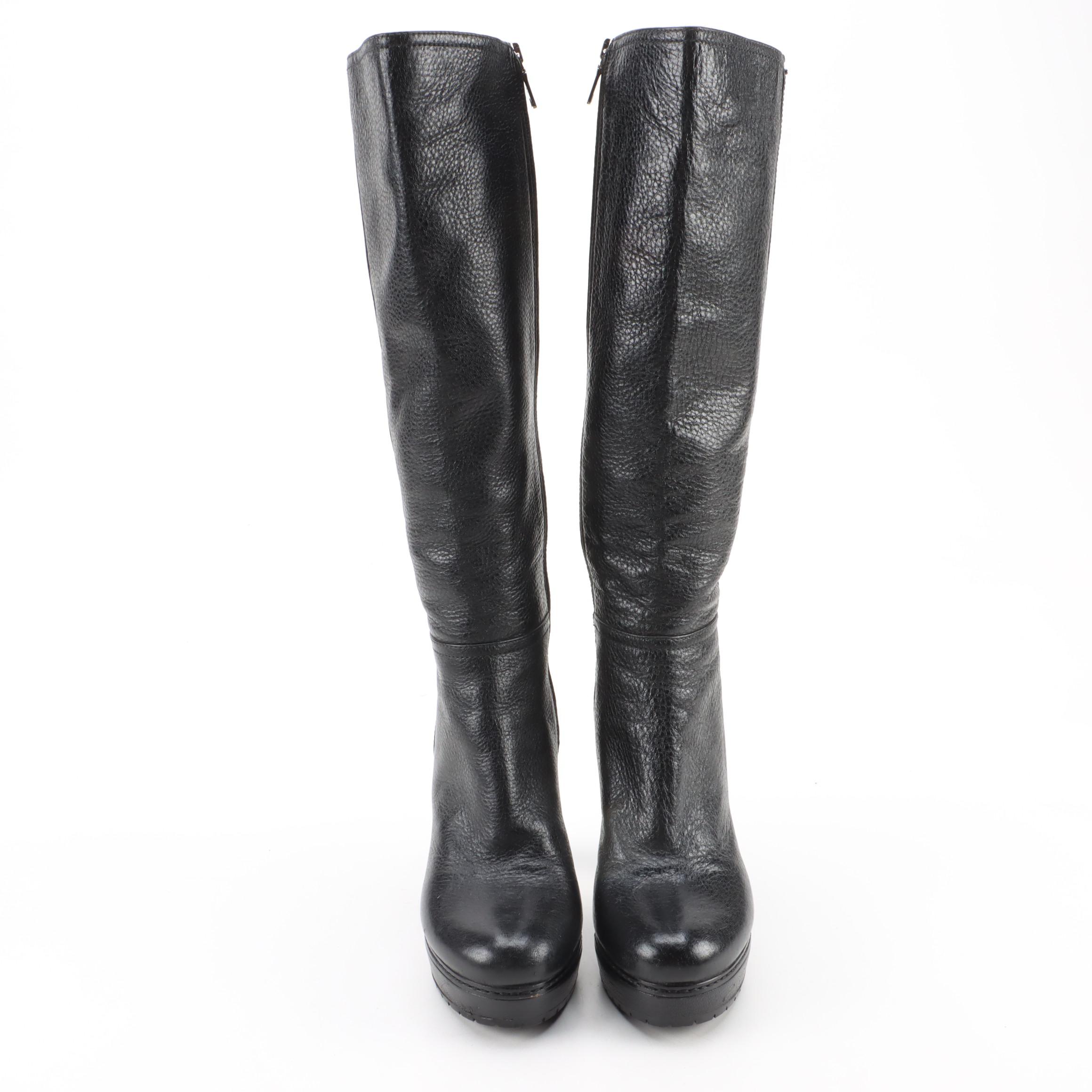 Prada Knee-High Heeled Boots in Black Grained Leather
