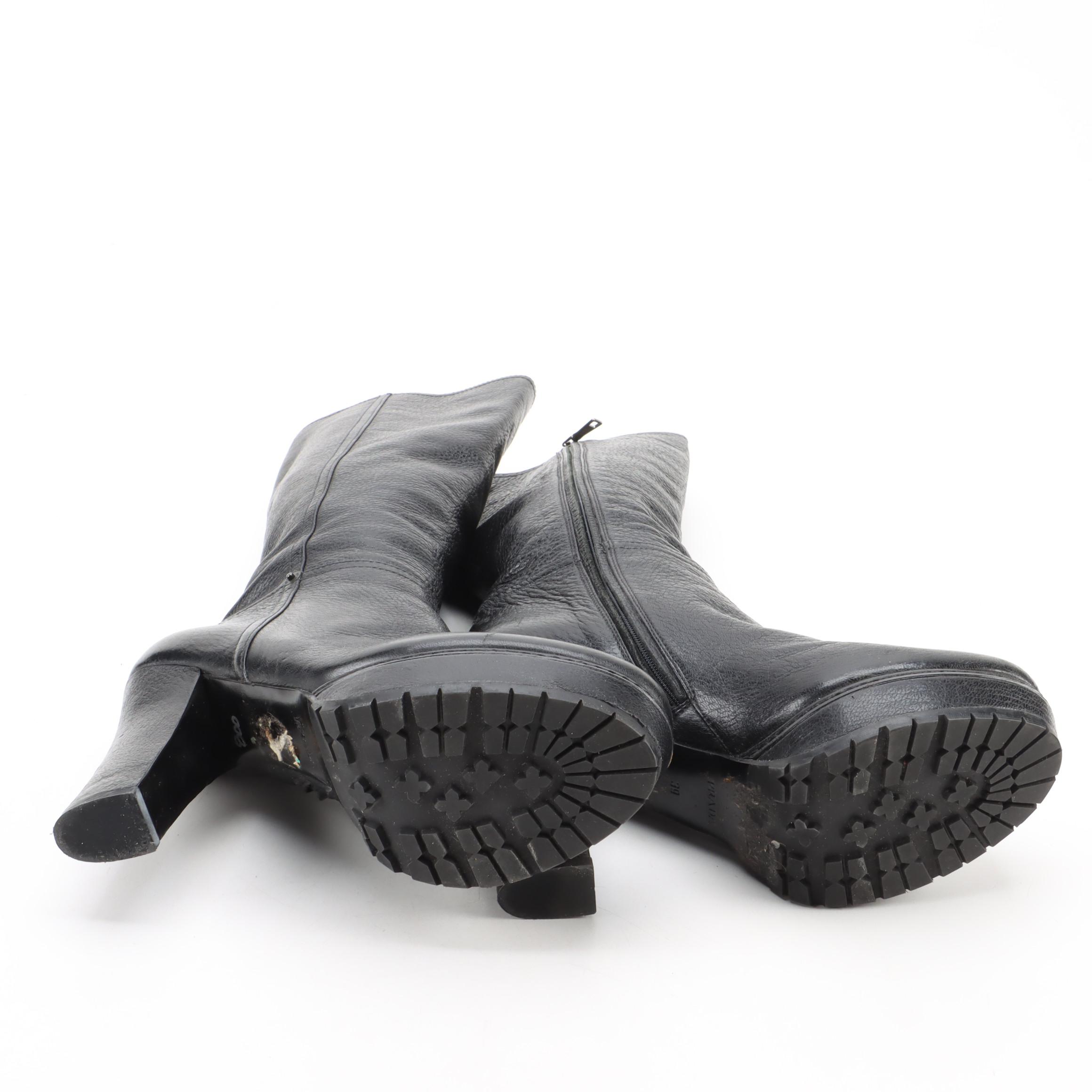 Prada Knee-High Heeled Boots in Black Grained Leather