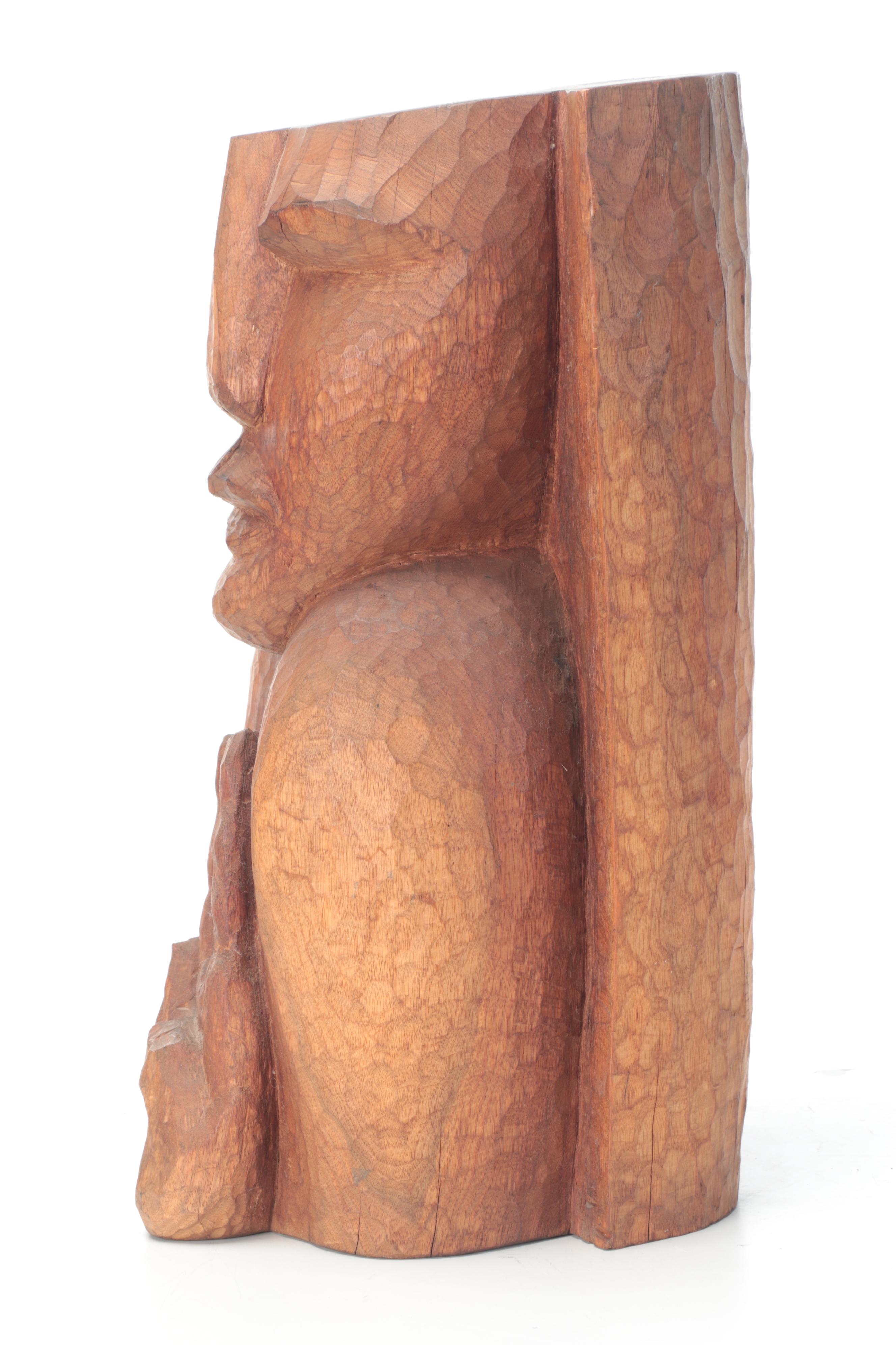 Carved Wood Sculpture of Figure Showing the Peace Sign