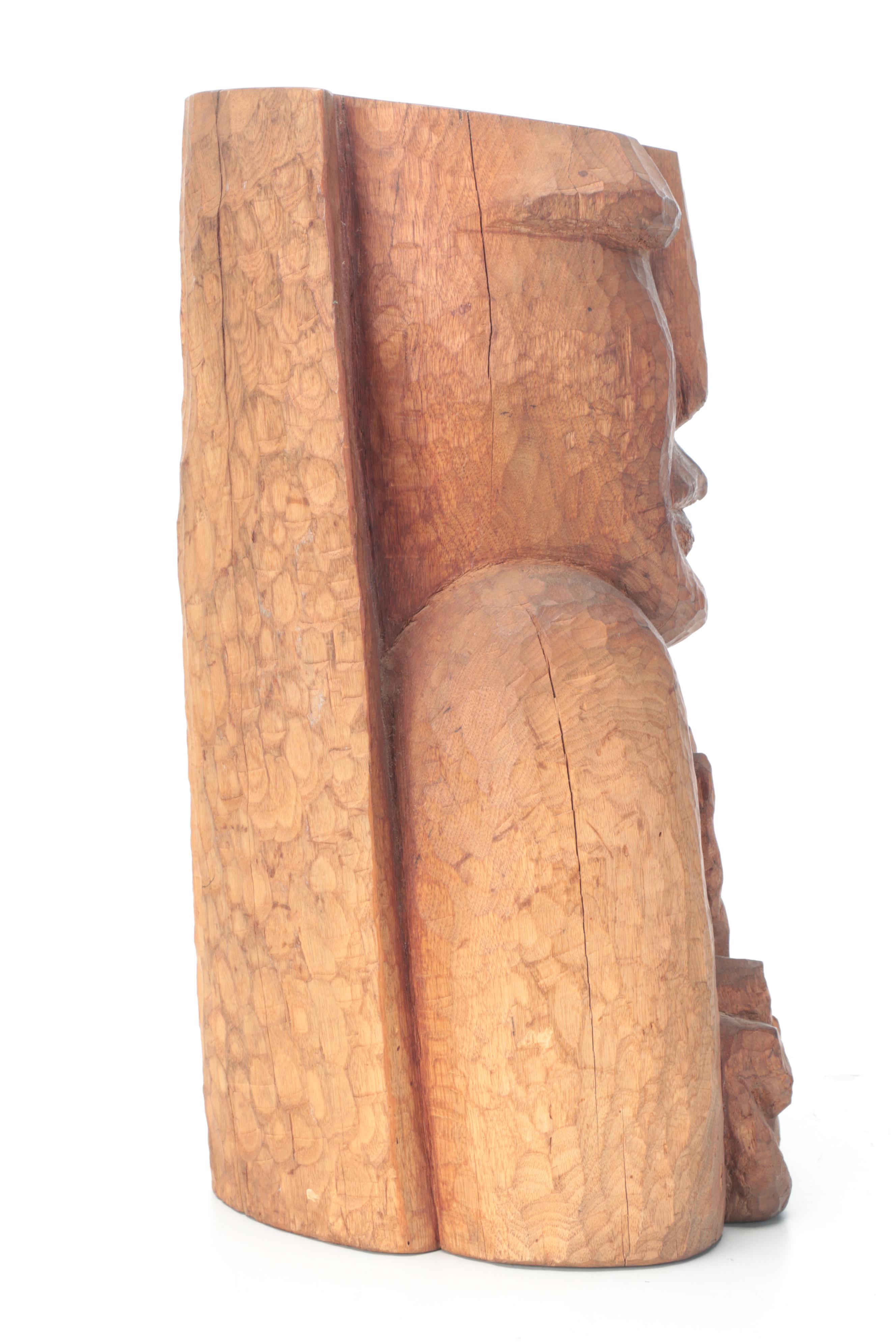 Carved Wood Sculpture of Figure Showing the Peace Sign