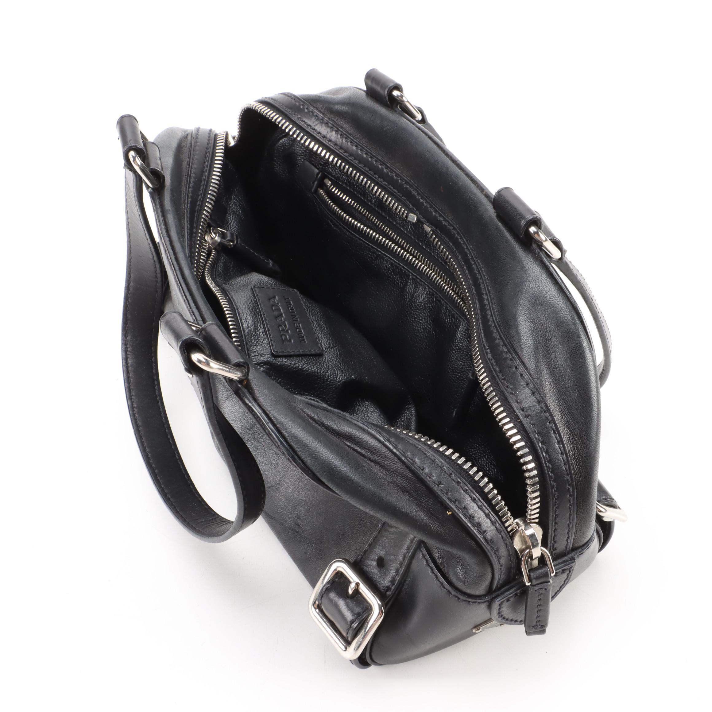 Prada Black Lambskin Leather Double Zip Shoulder Bag