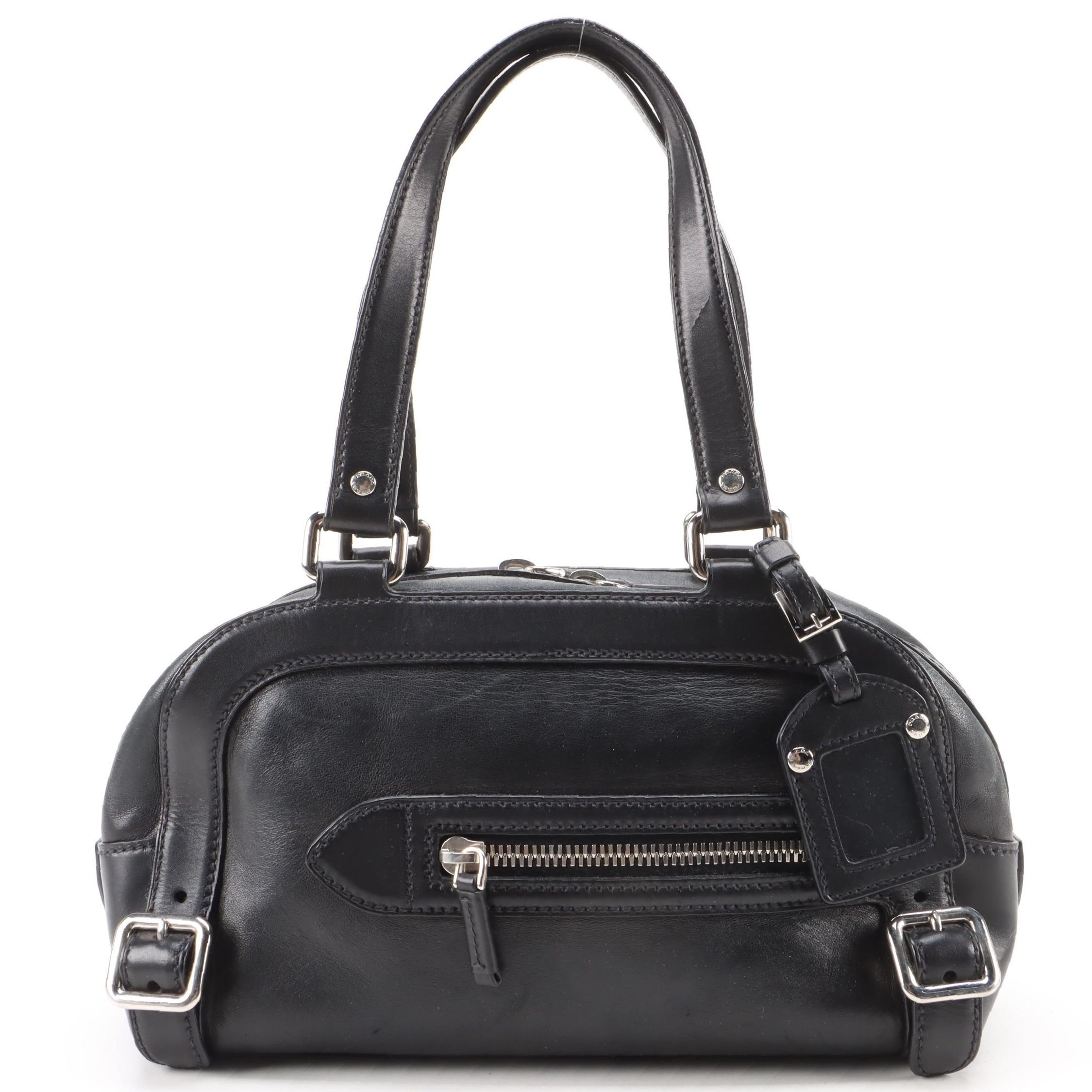 Prada Black Lambskin Leather Double Zip Shoulder Bag