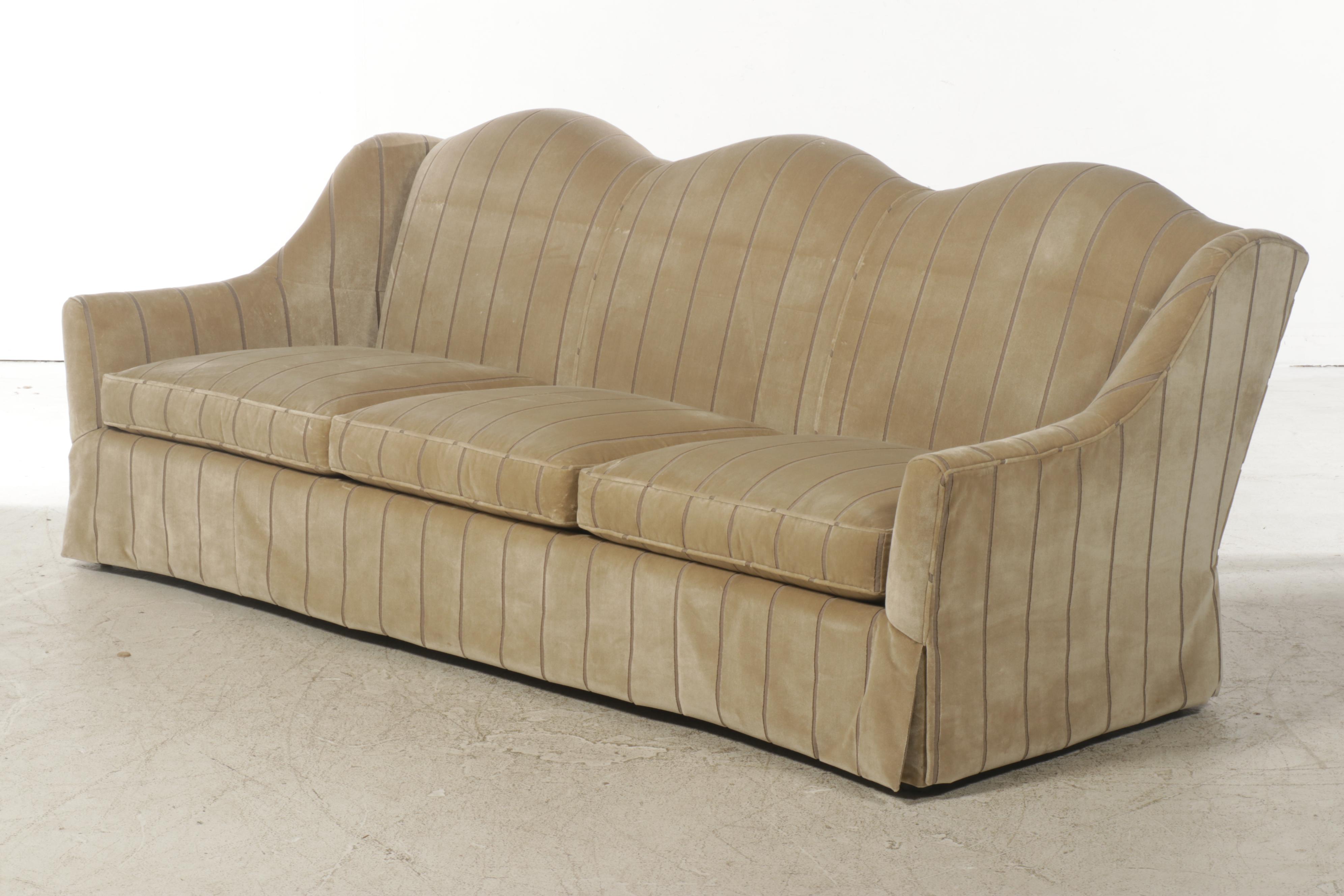 Velvet Sculpted Stripe Upholstered Camelback Three-Seat Sofa