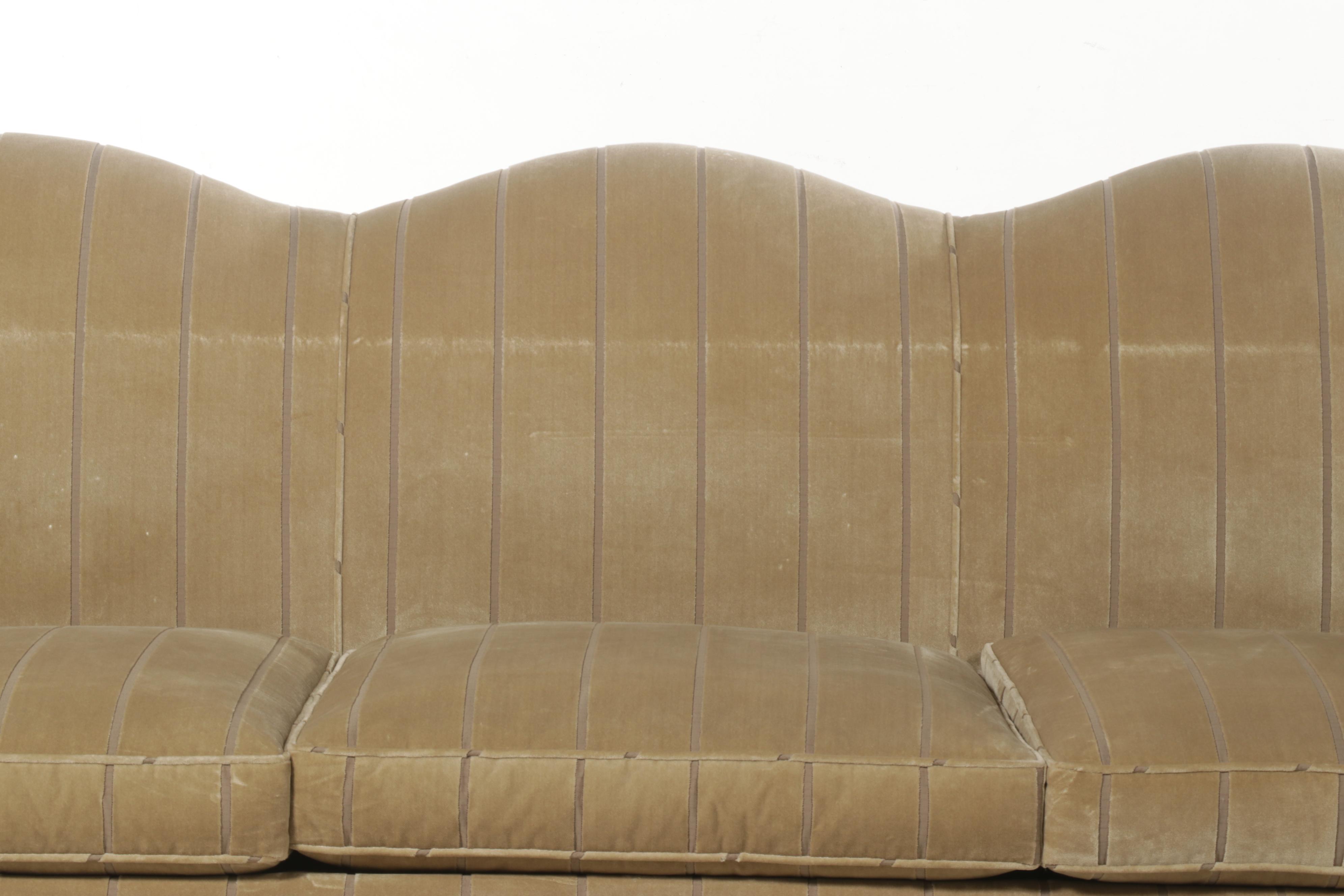 Velvet Sculpted Stripe Upholstered Camelback Three-Seat Sofa