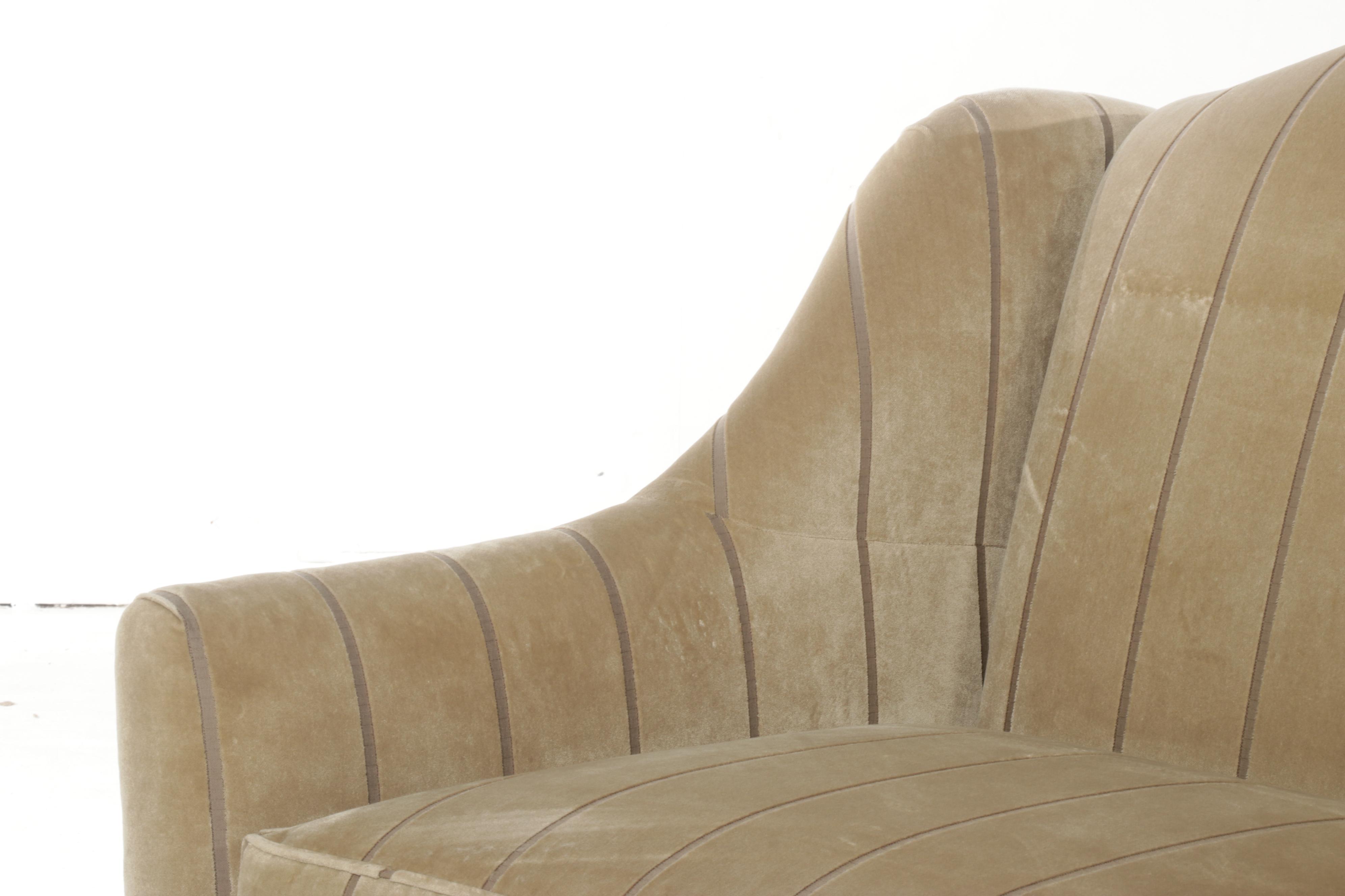 Velvet Sculpted Stripe Upholstered Camelback Three-Seat Sofa