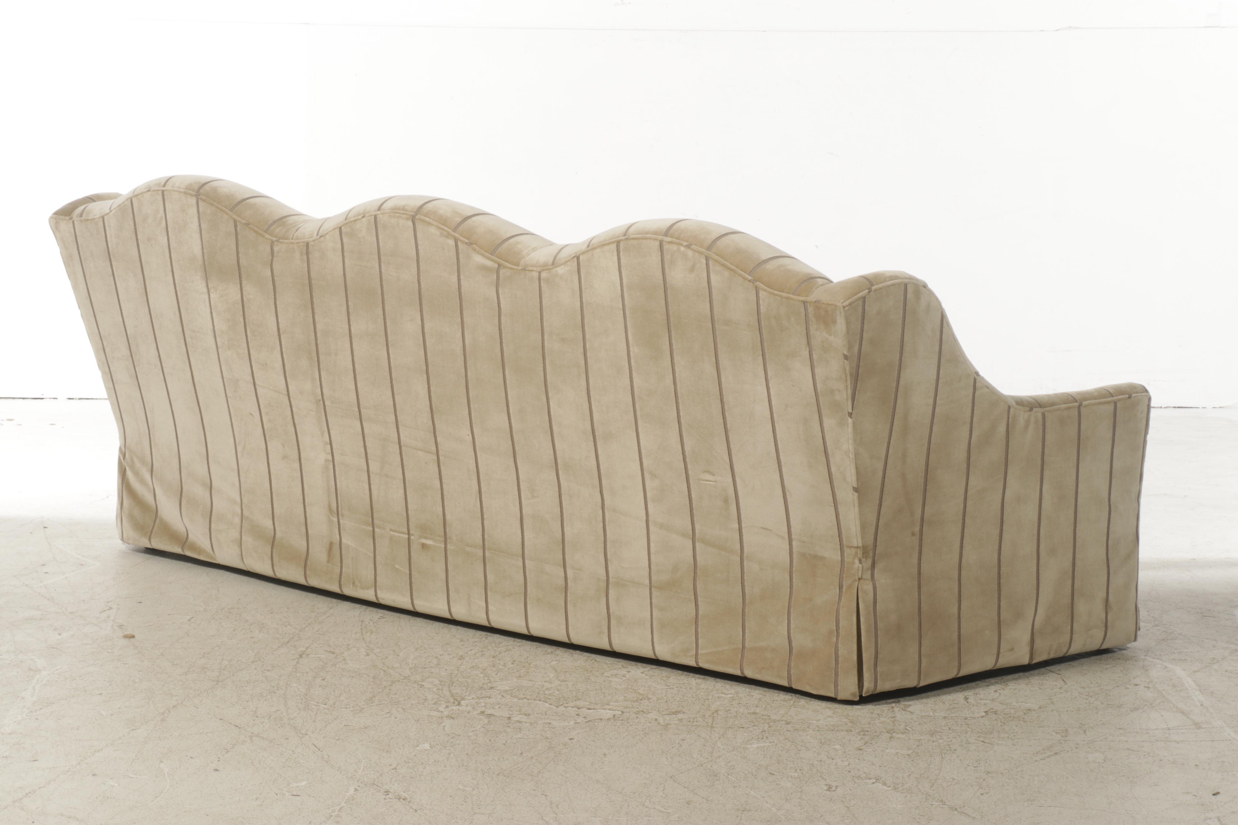 Velvet Sculpted Stripe Upholstered Camelback Three-Seat Sofa