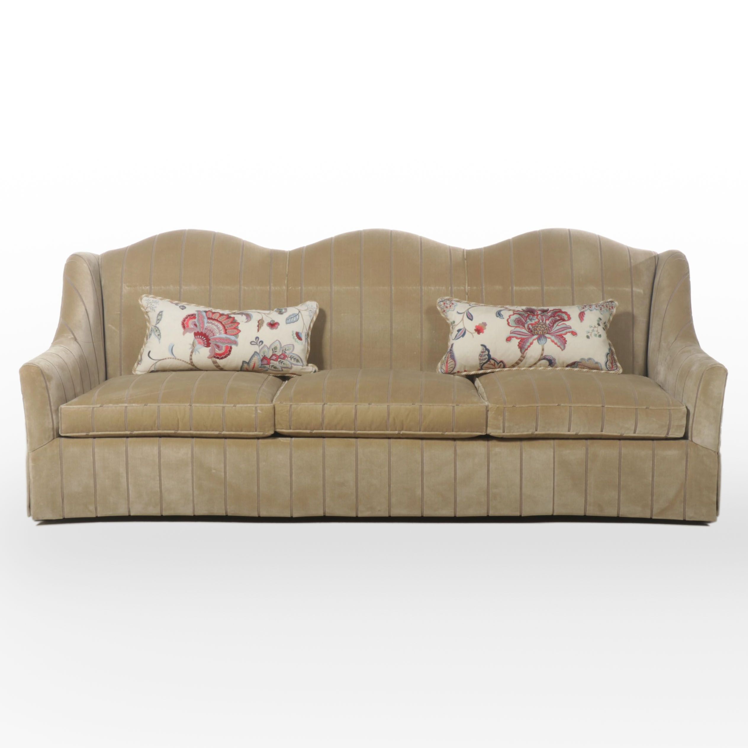 Velvet Sculpted Stripe Upholstered Camelback Three-Seat Sofa