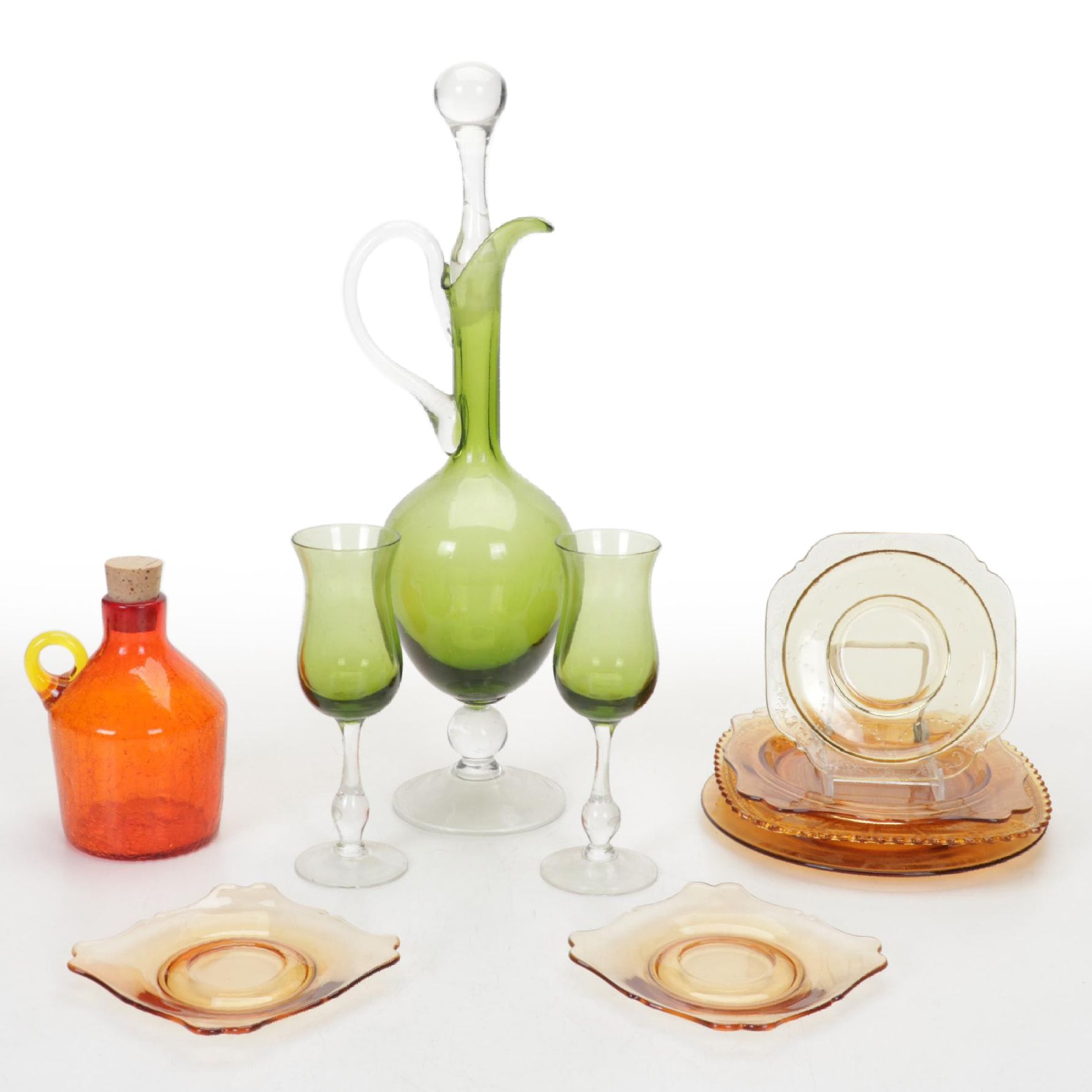 Glass Carafe Decanter & Glasses, Viking Crackle Jug, & Depression Glass Plates