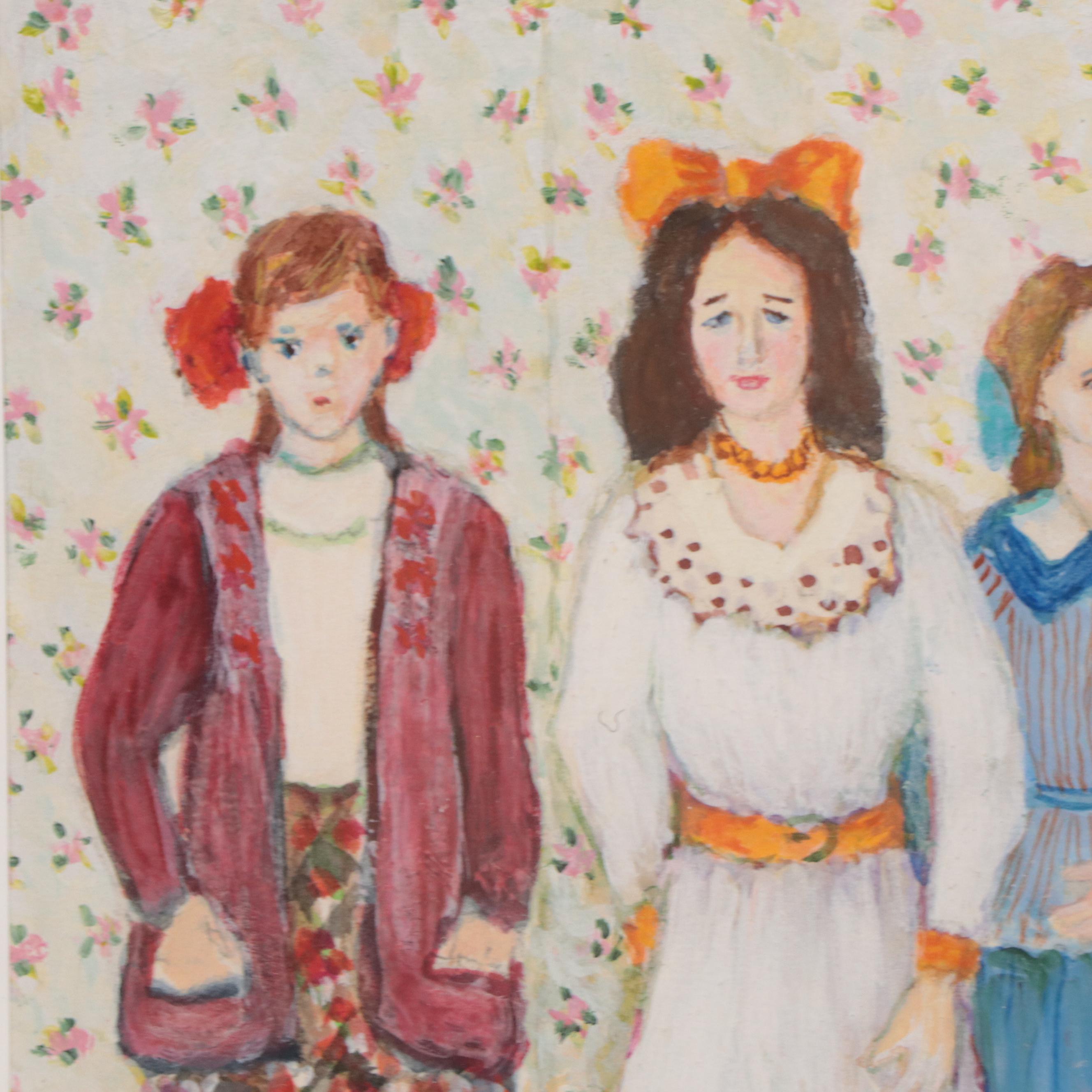 Watercolor Painting of Girls Standing in a Row