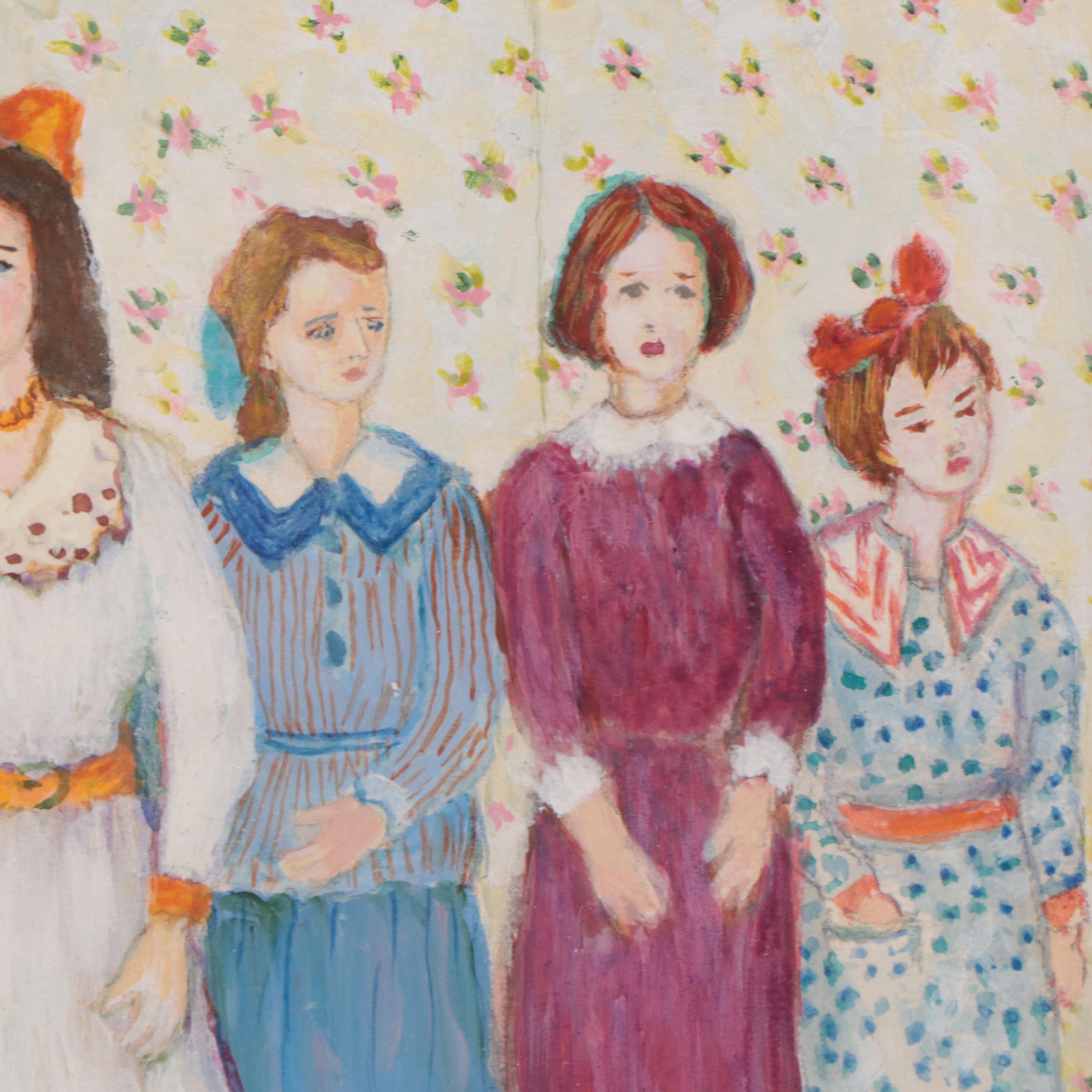 Watercolor Painting of Girls Standing in a Row