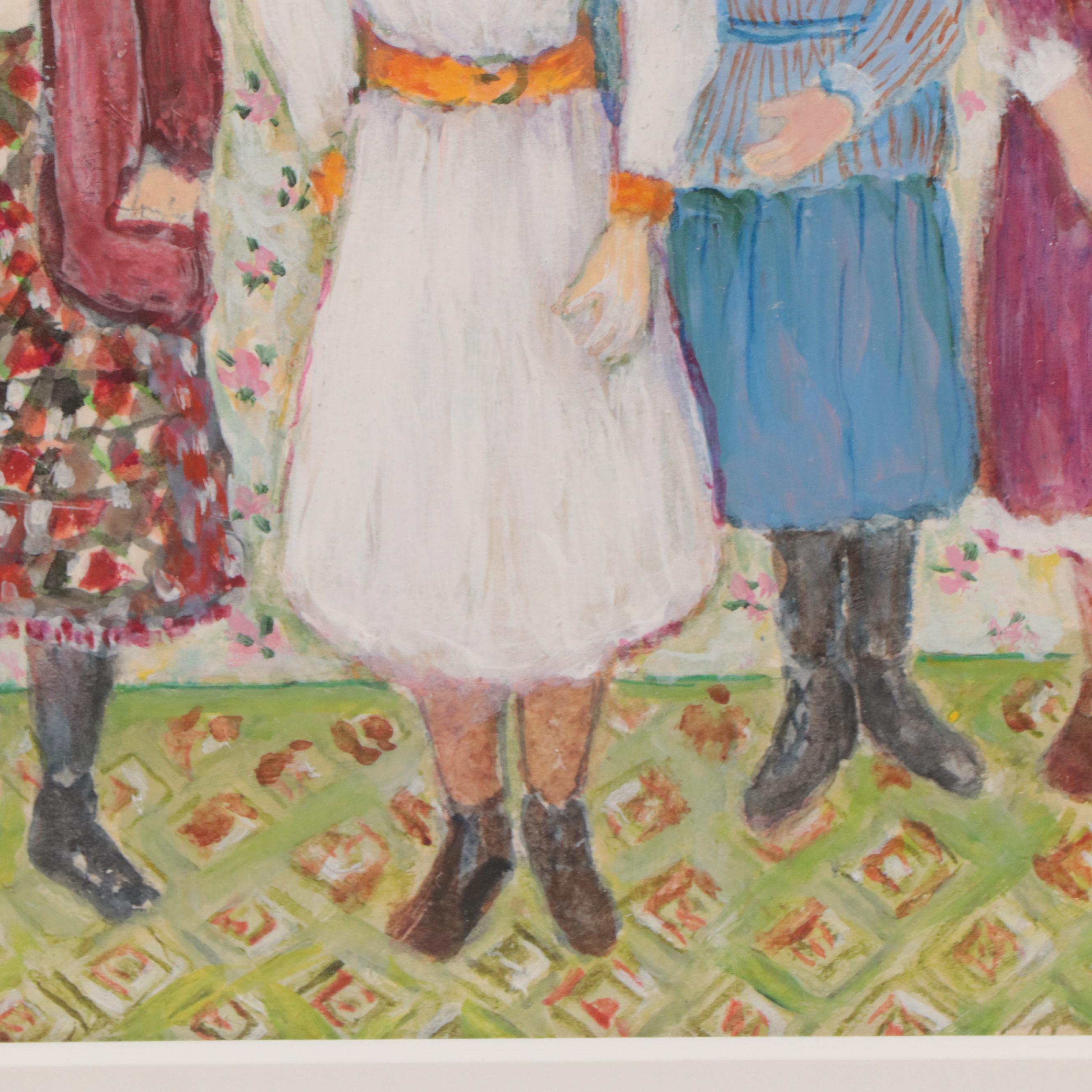 Watercolor Painting of Girls Standing in a Row
