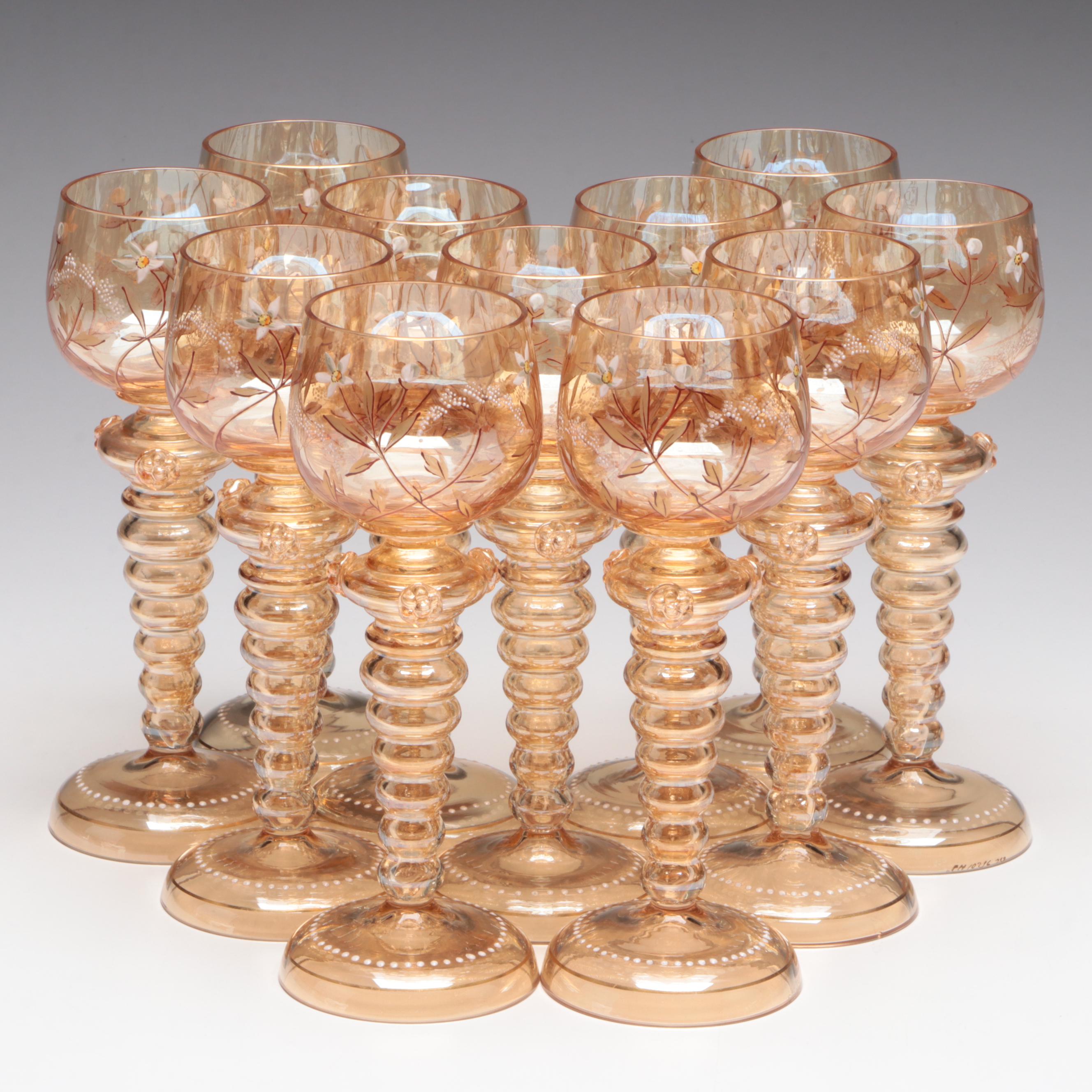 Fritz Heckert Bohemian Glass Prunted and Hand-Painted Roemer Glasses, ca. 1900