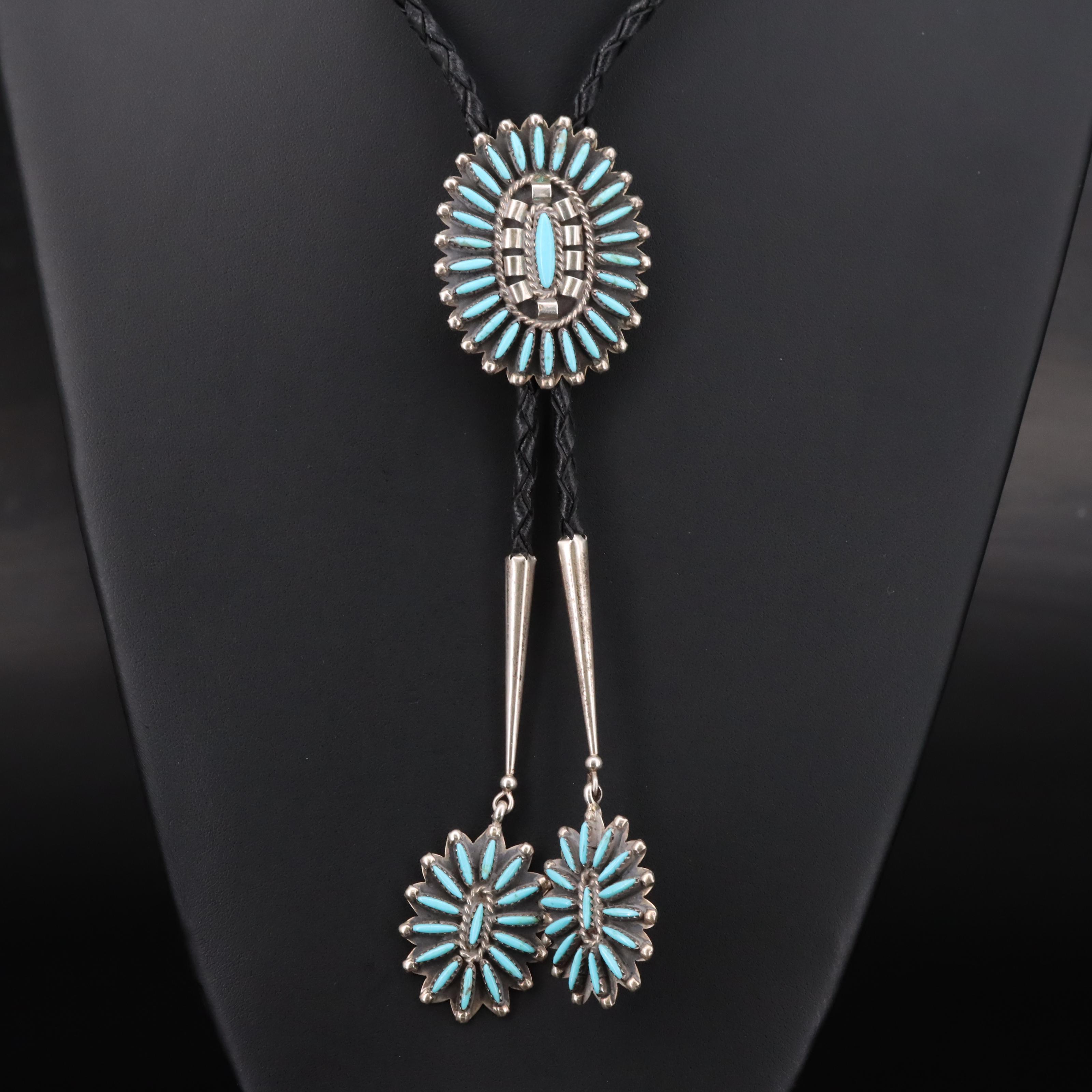 Southwestern Signed Sterling Turquoise Bolo Tie