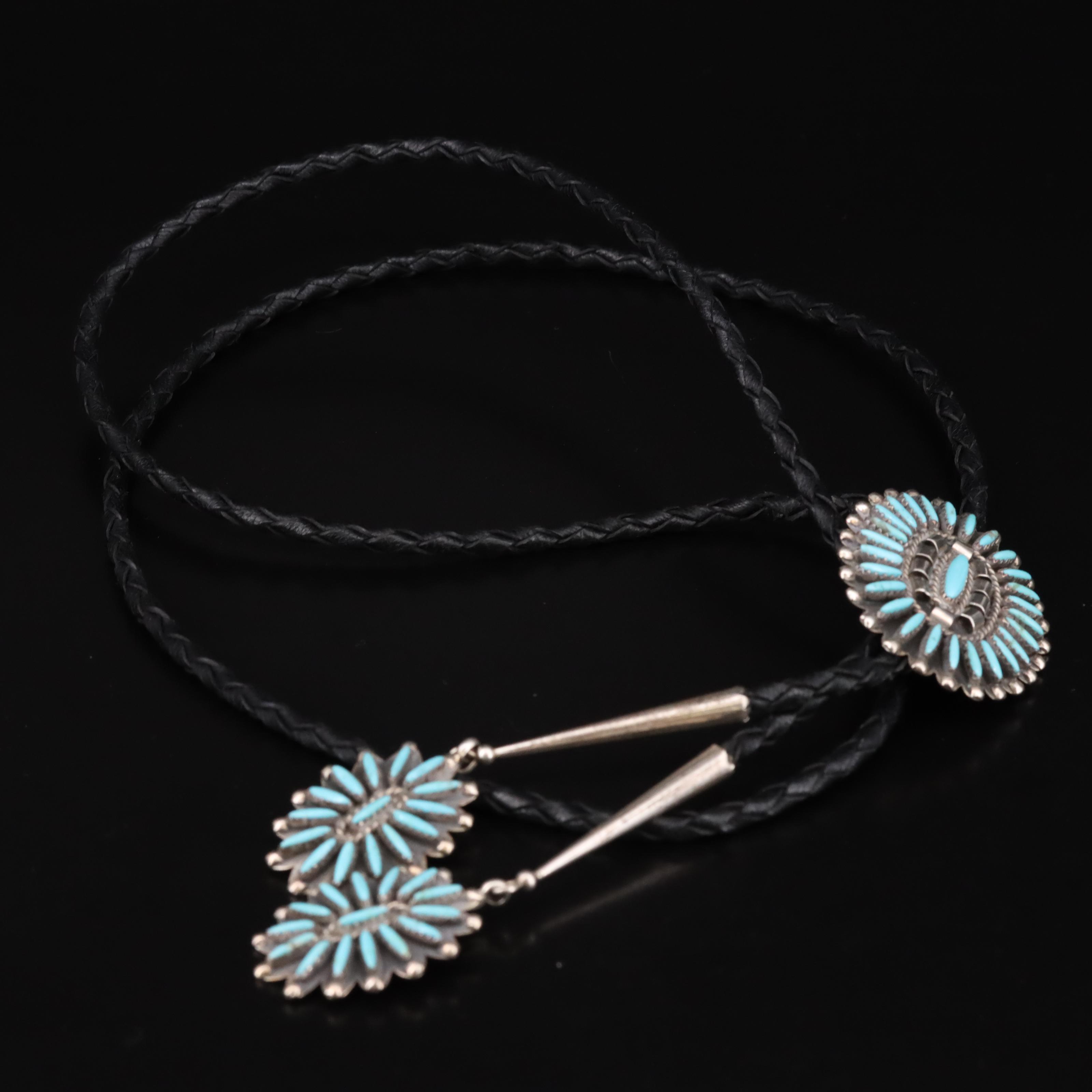 Southwestern Signed Sterling Turquoise Bolo Tie