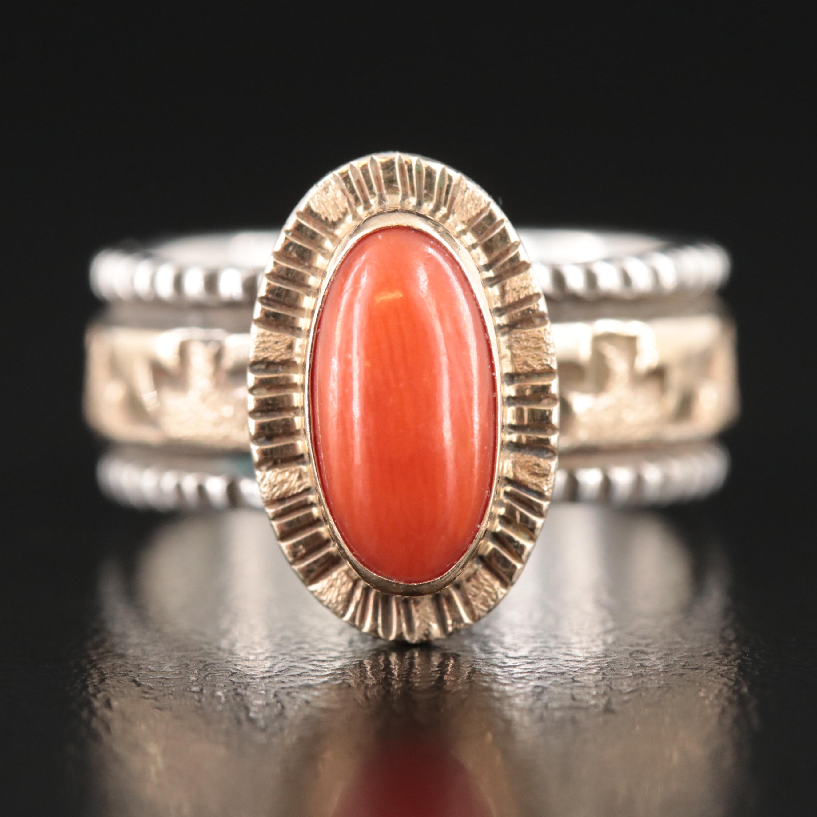 Native American Alvin Monte, Navajo Diné Sterling 14K Coral Ring Pueblo Motif