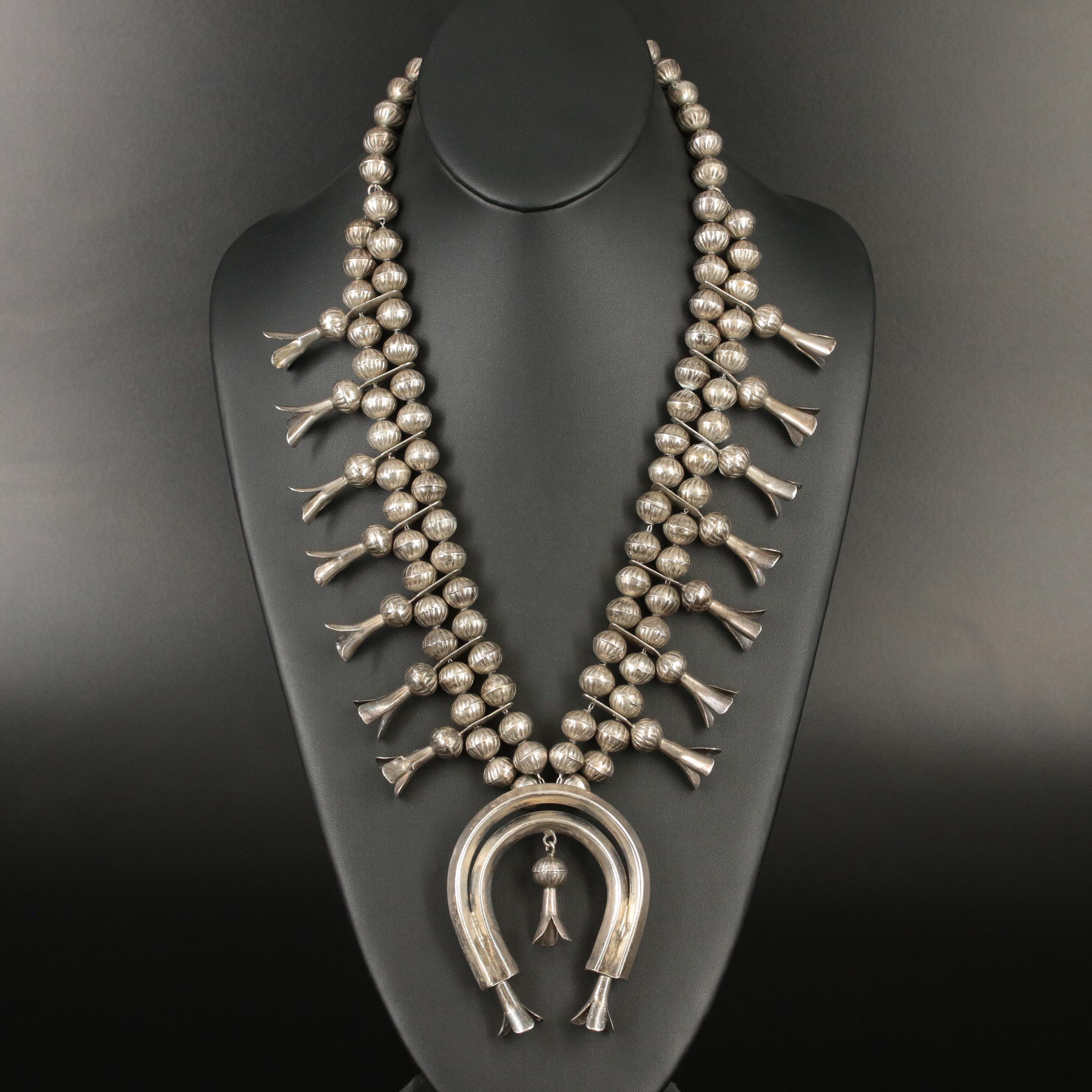 Sterling Squash Blossom Necklace with Naja Center and Bench Beads