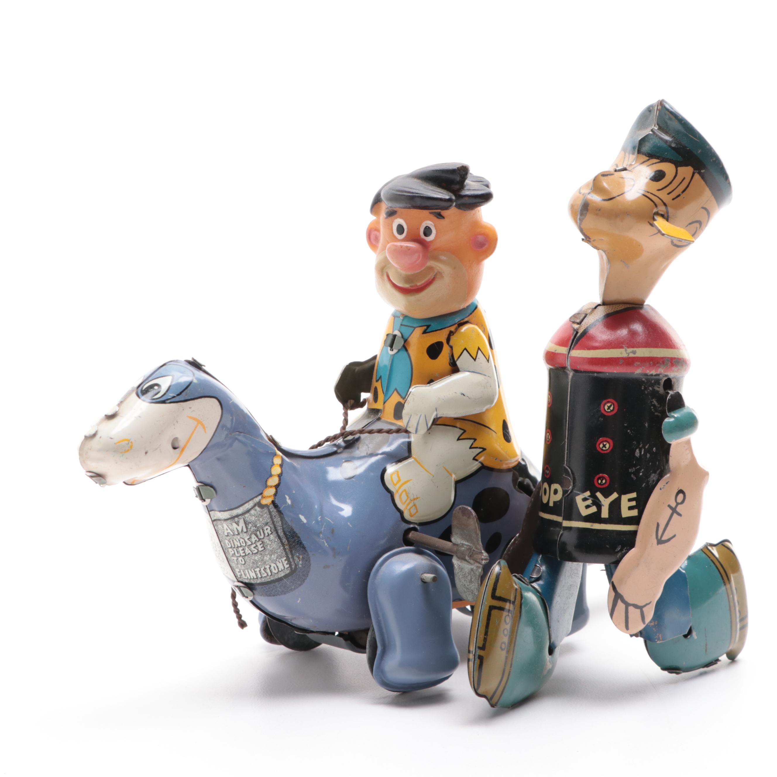Fred Flintstone and Popeye Tin Lithograph Toys, Mid to Late 20th
