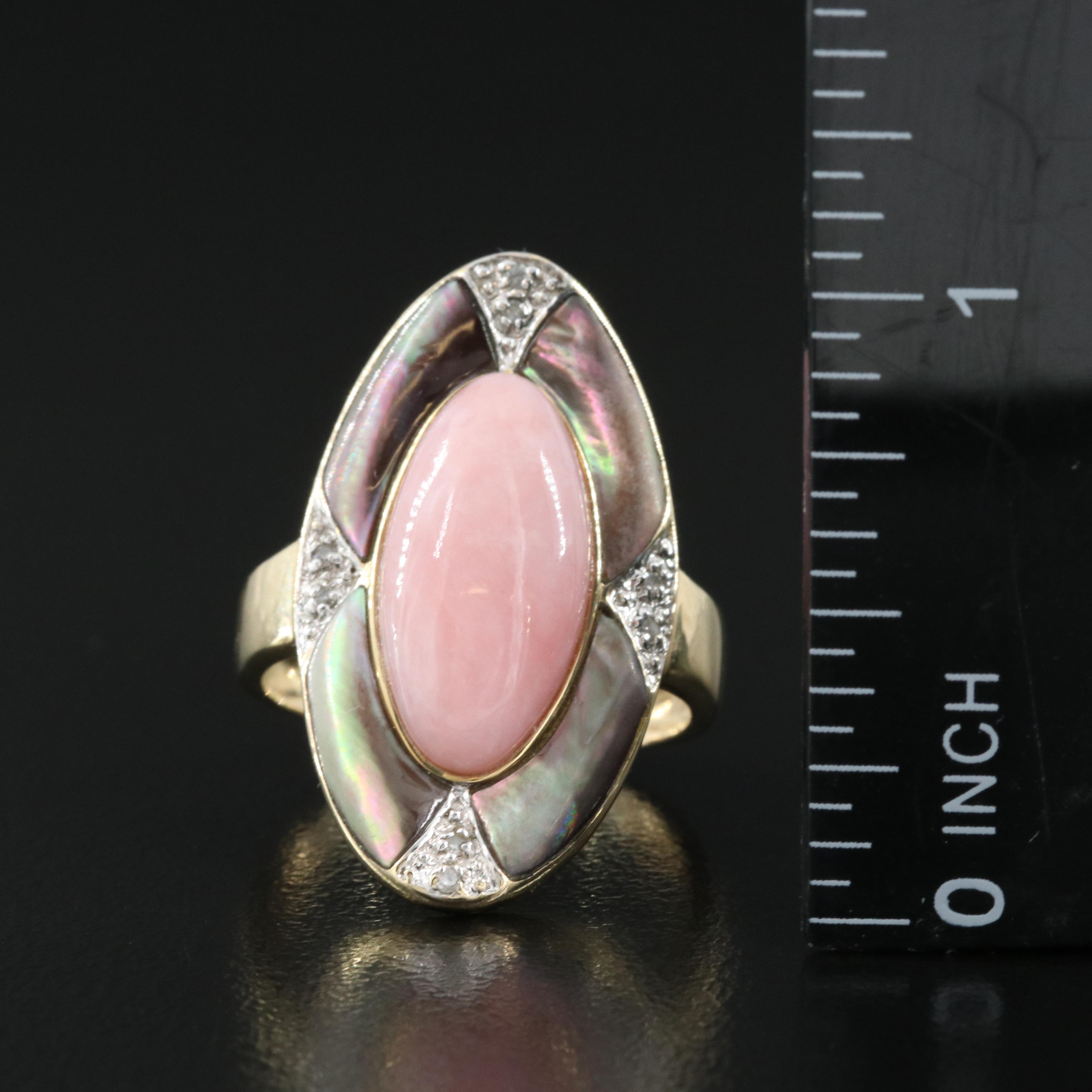 14K Common Opal, Mother of Pearl and Diamond Ring