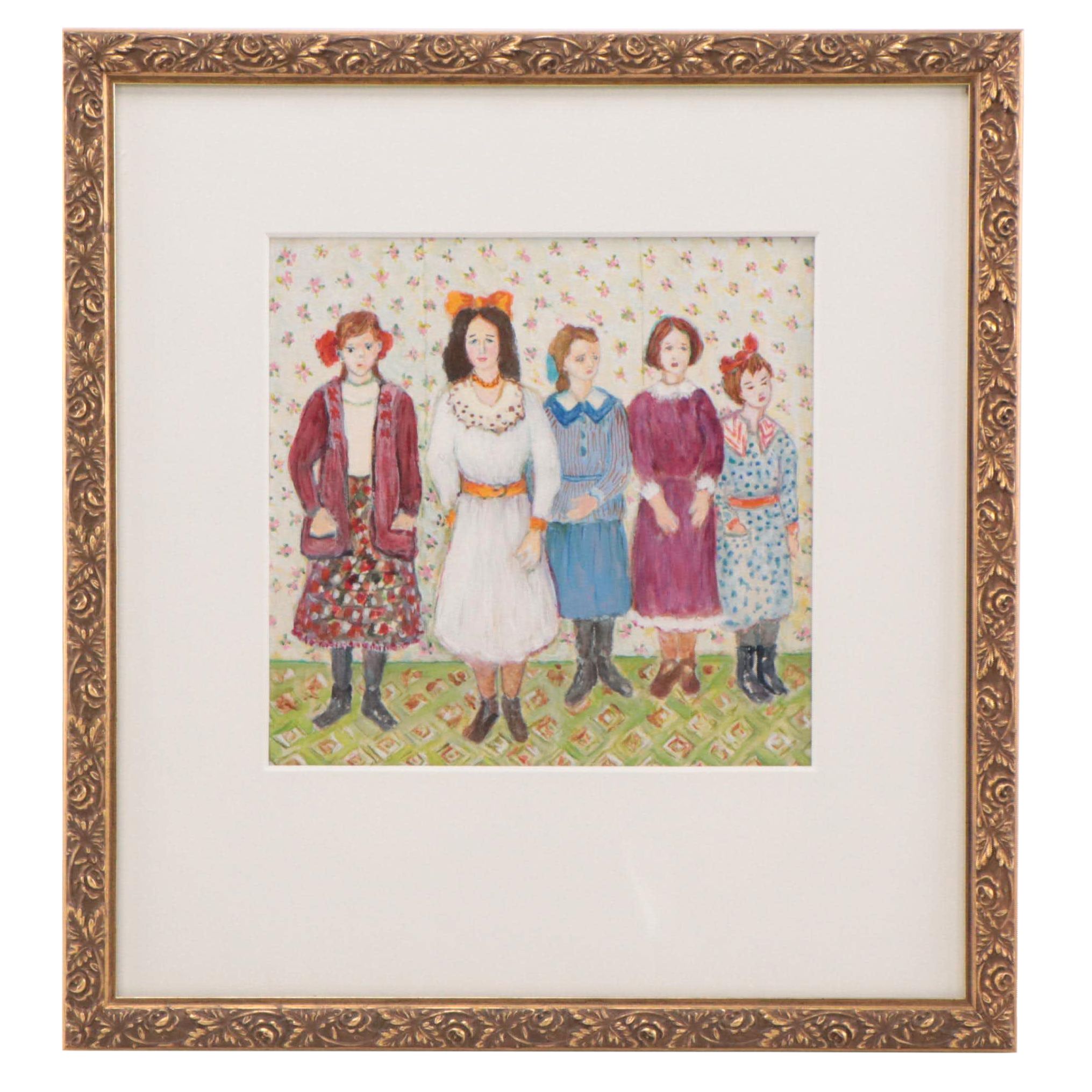 Watercolor Painting of Girls Standing in a Row